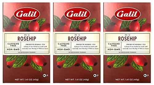 Galil Galil Rosehip Tea – Caffeine-Free Herbal Tea, Certified Kosher Tea – Non-GMO Rosehip Teabags 20 Count, 60 Tea Sachets Total (Pack of 3)