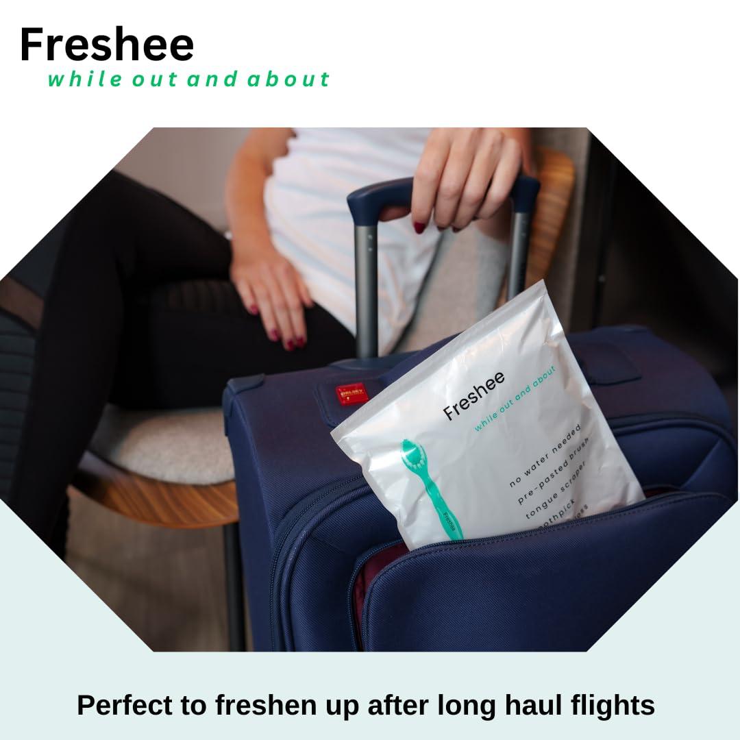 Freshee Freshee 5 in 1 Disposable Mini Toothbrush with Toothpaste + Floss + Pick + Tongue Scraper | Travel Size | Individually Wrapped | Soft | Mint | Travel Set | Oral Care