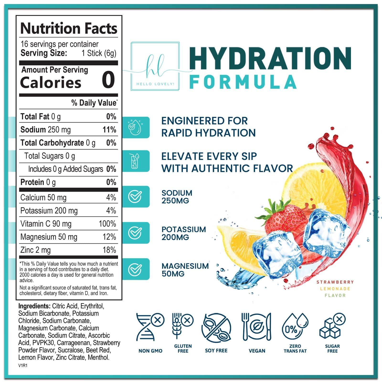 Hello Lovely! Daily Electrolyte Drink Mix - Strawberry Lemonade Hydration Powder Packets with 6 Electrolytes & Minerals - Sugar Free, Keto Friendly, Electrolytes Powder Recovery Drink w Real Salt - 16 Servings