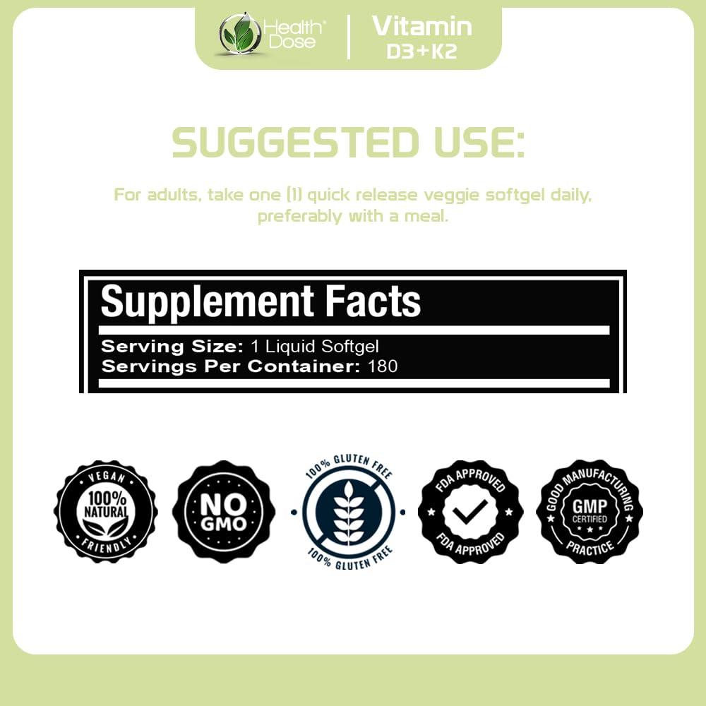 Health Dose Health Dose Vitamin D3 10,000 IU + K2 (MK7) Supplement, 2-in-1 Formula, Immune Support, a Healthy Mood, Heart, Joint, Teeth, Bone Health, Calcium Absorption, 180 softgels. (2)