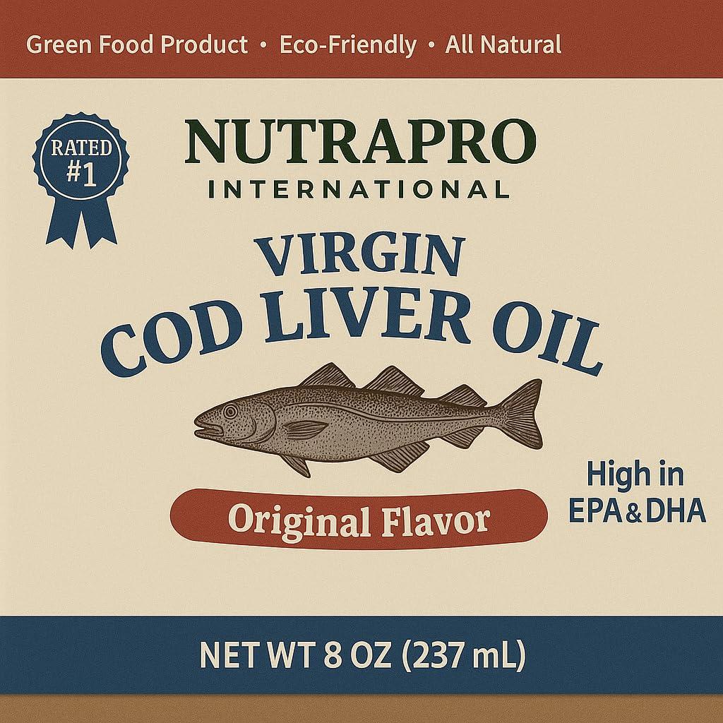 NutraPro International Virgin Cod Liver Oil - 8 Fl oz Natural, Wild Caught & Fresh Tasting,.High in Vitamin D, Omega 3 DHA/EPA (Peppermint Flavored)