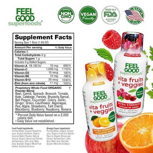 FeelGood Superfoods FeelGood Superfoods Vita Fruits and Veggies Immune Support Shot Supplements, 25 Organic Fruits and Veggies, Ready to Drink Immunity Booster, Orange and Fruit Punch Flavor, Combo Pack of 20