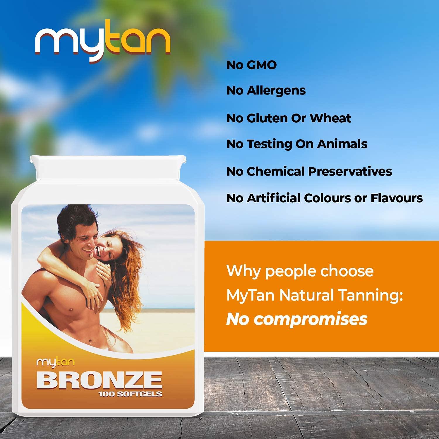 MyTan MyTan Bronze Tanning Pills | 100 Softgels | Sunless Tan Supplement | With Astaxanthin Lutein Lycopene And More | Over 7-Week Supply