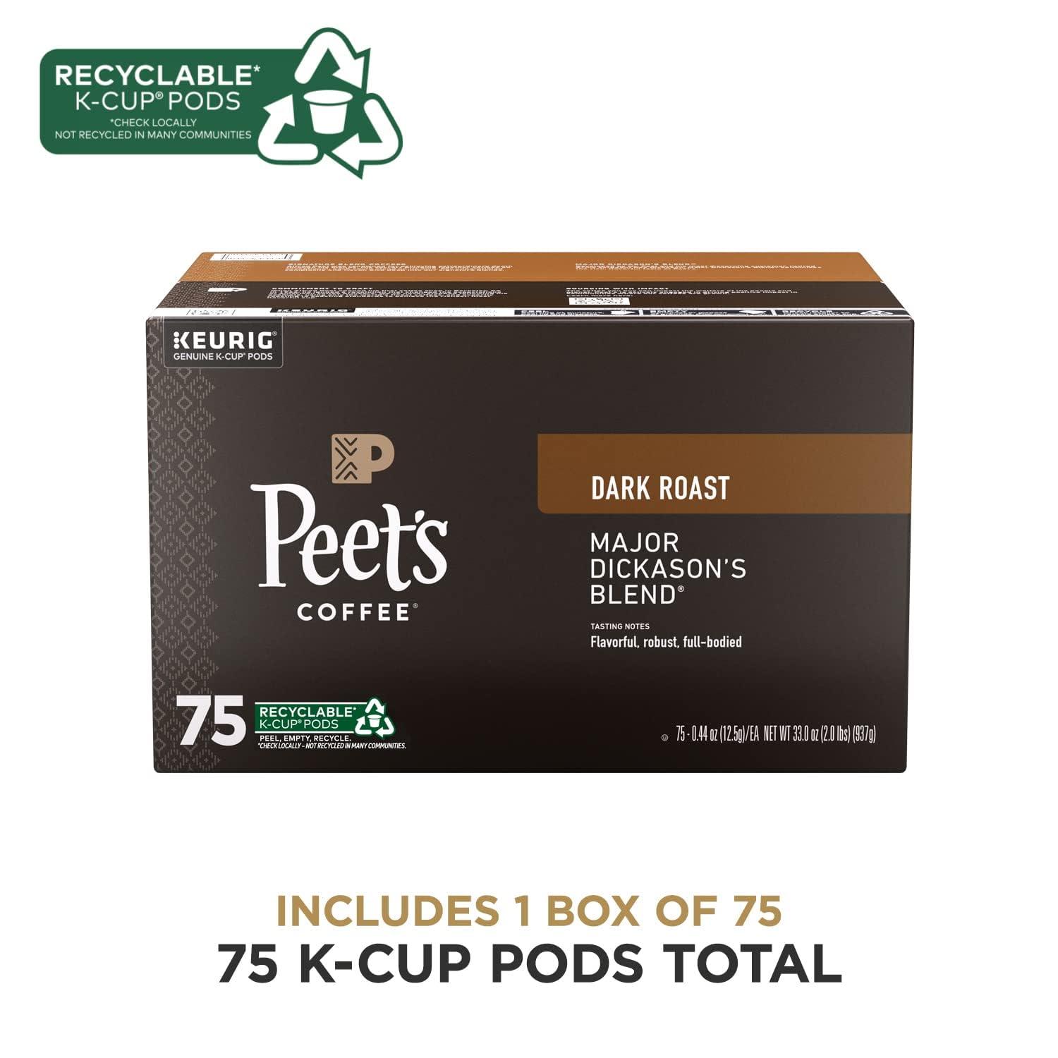 Peet\'s Coffee Bundle of Peet\'s Coffee, Dark Roast Decaffeinated K-Cup Pods for Keurig Brewers - Decaf House Blend, 60 Count + Dark Roast K-Cup Pods for Keurig Brewers - Major Dickason\'s Blend 75 Count