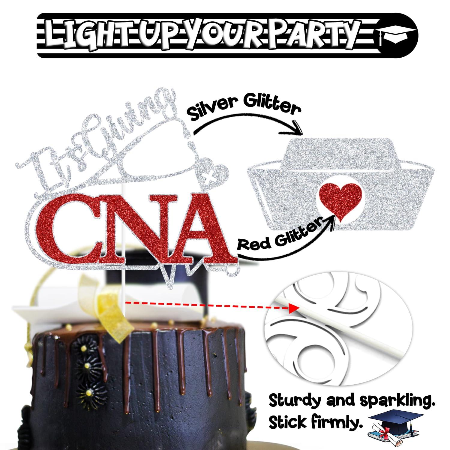 PYBHILK Red Glitter It\'s Giving CNA Cake Topper, CNA Class of 2024/Congrats Nurse/Congrats CNA, 2024 CNA Graduation Party Decorations Supplies