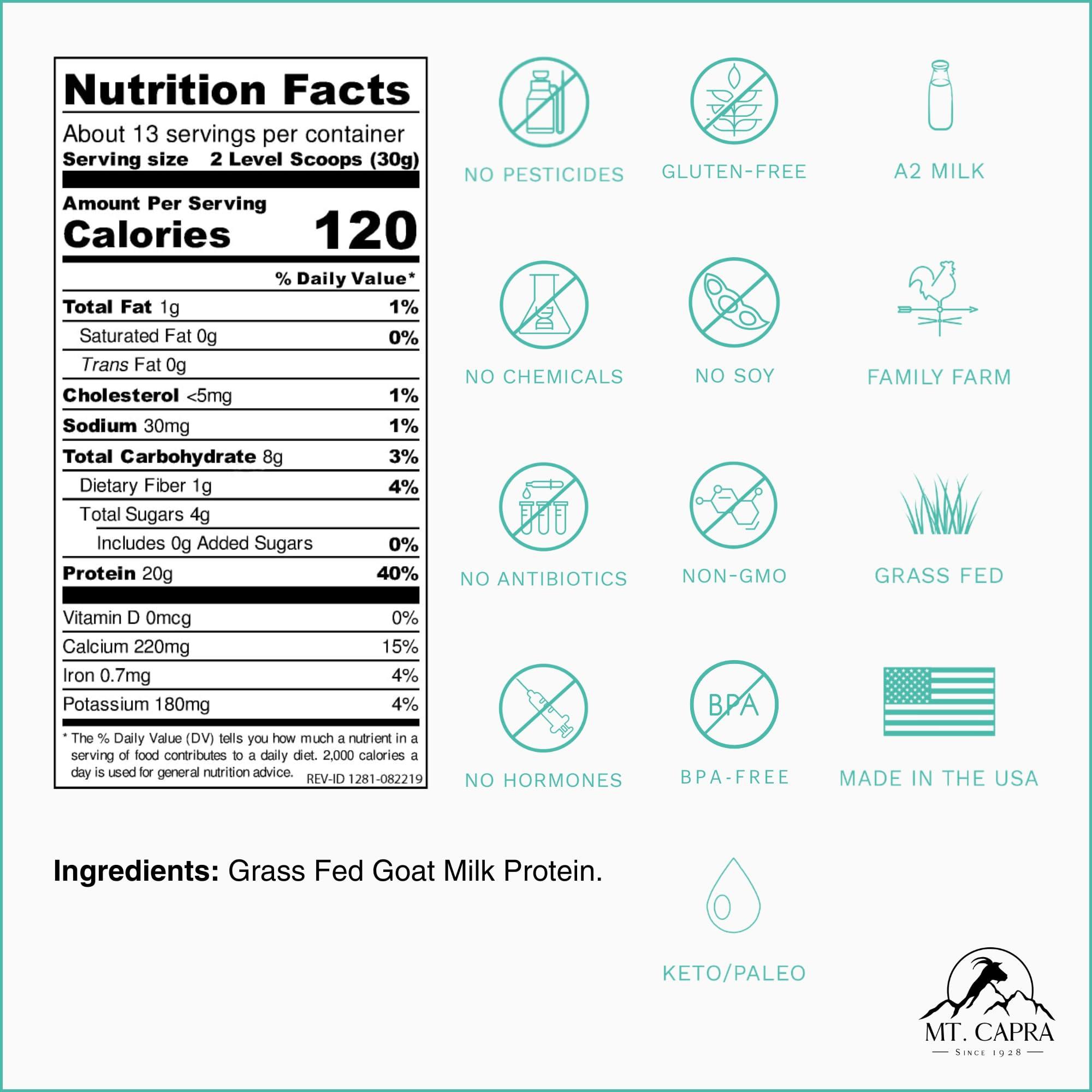 MT. CAPRA SINCE 1928 MT. CAPRA SINCE 1928 Clean Whole Protein | Grass-Fed Goat Protein with Whey and Casein Protein, No Bloat, Build and Maintain Muscle, 20 g Protein per Serving, No Sweeteners - 400 Grams