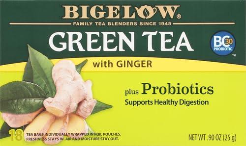 Bigelow Tea Bigelow Tea Green Tea with Ginger Plus Probiotics, Caffeinated, 18 Count, (Pack of 1), 108 Total Tea Bags