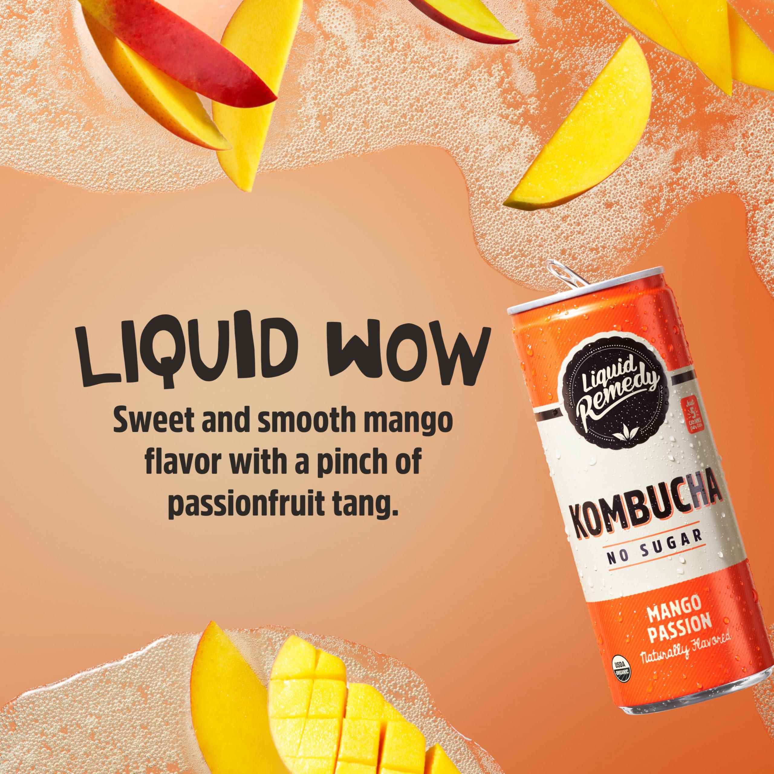 REMEDY Kombucha Liquid Remedy Kombucha Sugar Free Organic Drink, Low Calorie, Probiotic Like Tea for Gut Health - Mango Passion - 8.5 Fl Oz Can, 24-Pack