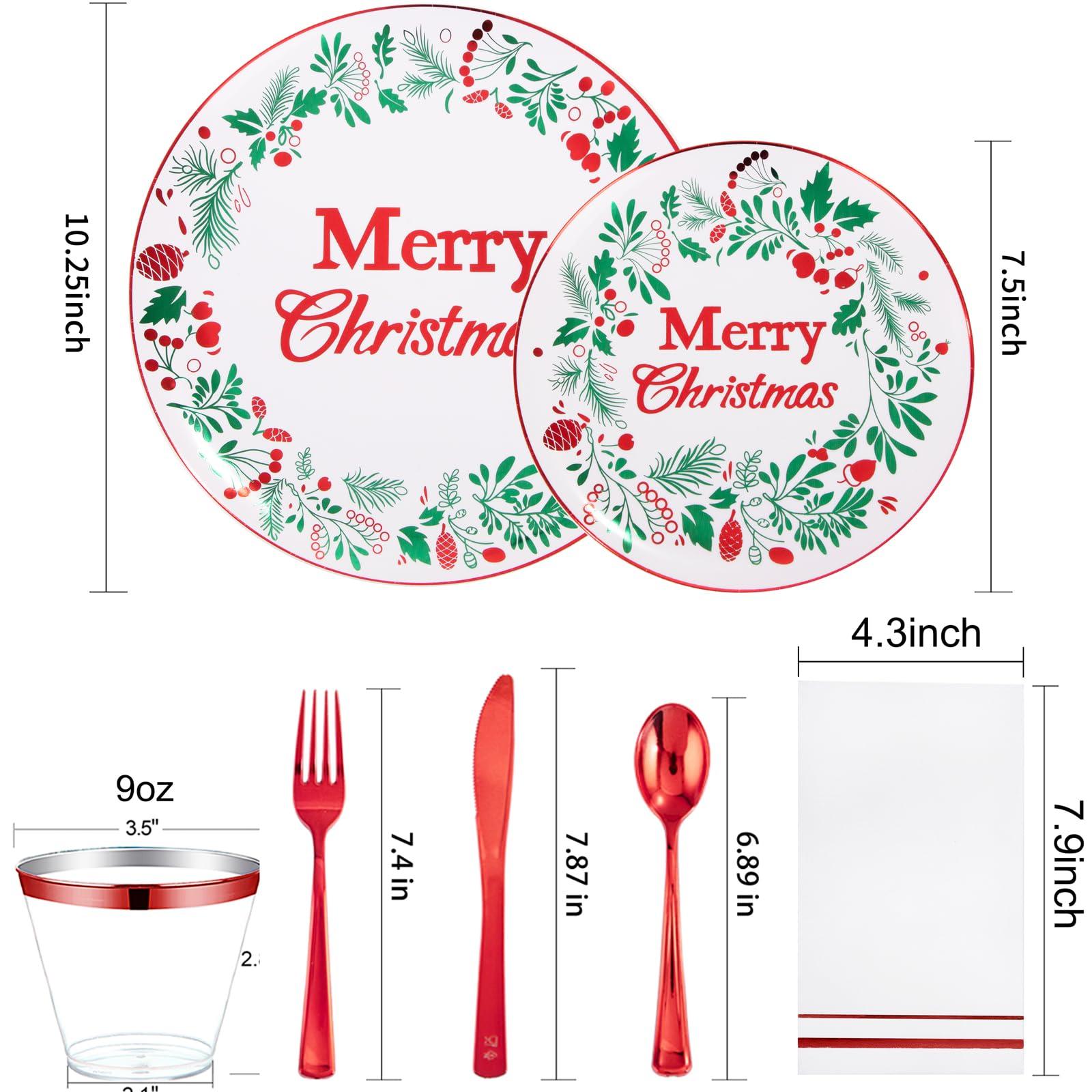 bUCLA bUCLA 175PCS Christmas Plates Dinnerware Set - Green and Red Christmas Plastic Plates and Napkins Disposable Include 25 Dinner Plates,25 Dessert Plates,75 Cutlery,25 Cups&25 Napkins
