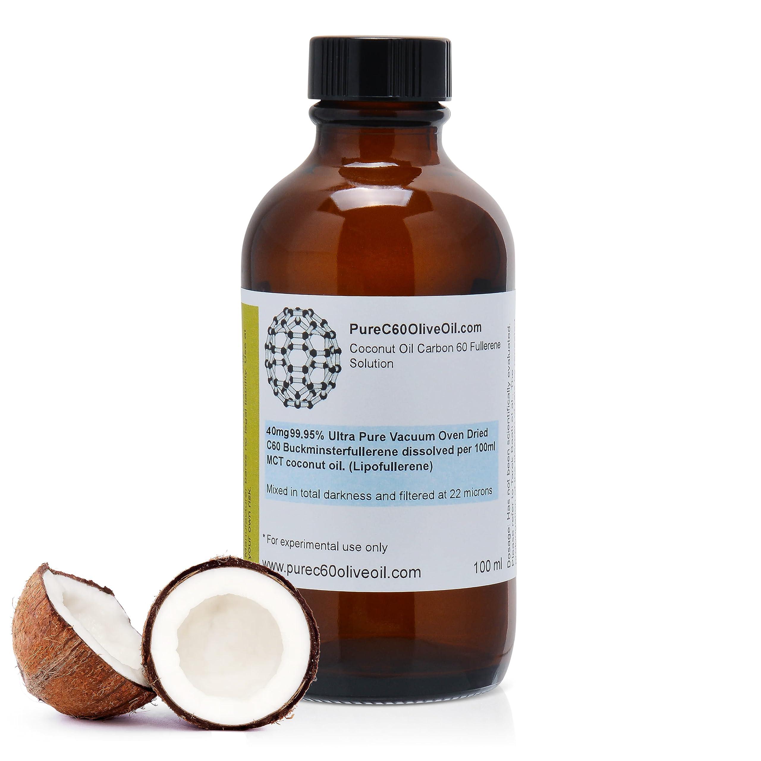 PureC60OliveOil.com PureC60OliveOil C60 Organic MCT Coconut Oil 100ml / 3.4 Fl Oz - 99.95% Carbon 60 Solvent Free 40mg - Amber Glass Bottle - Food Grade - Carbon 60 Coconut Oil - From The Leading Global Producer