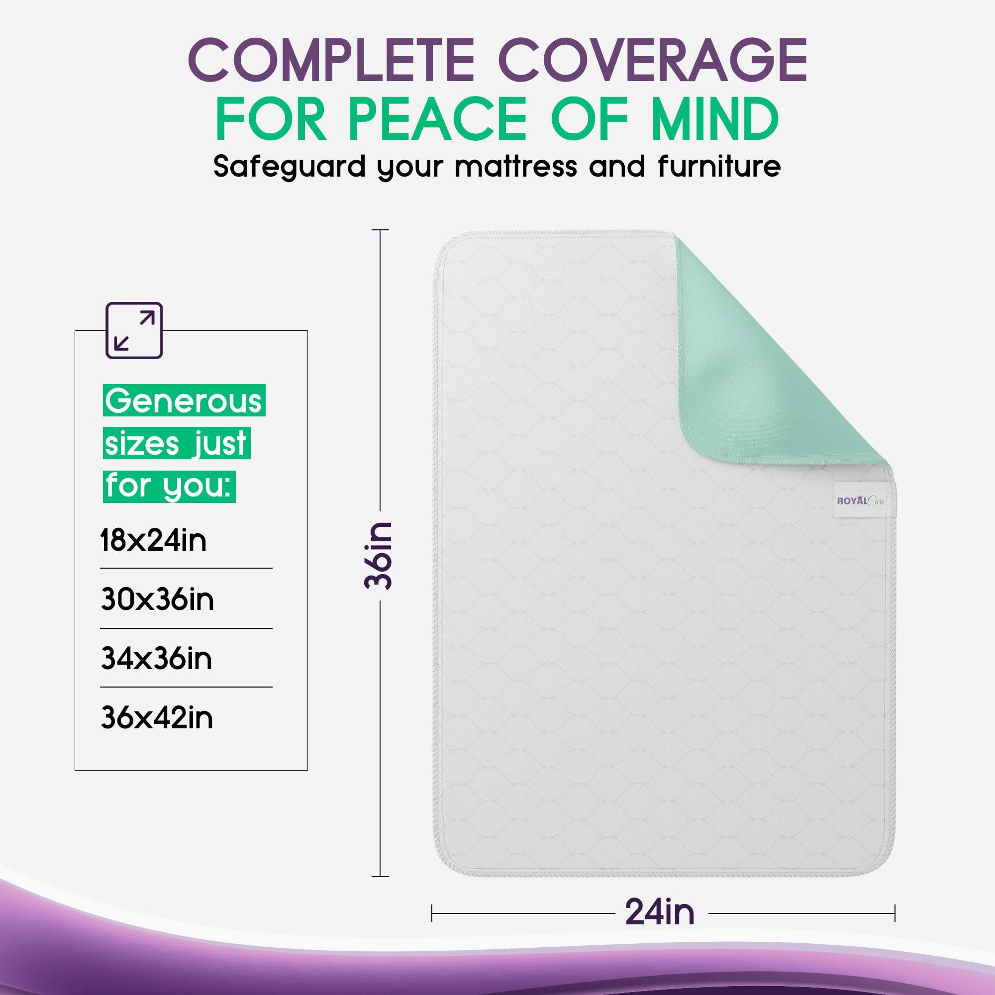 Royal Care Incontinence Bed Pads - 4 Pack 24” x 36” Reusable Waterproof Mattress Protectors - Highly Absorbent, Machine Washable - for Children, Pets and Seniors - Assorted Colors - Royal Care