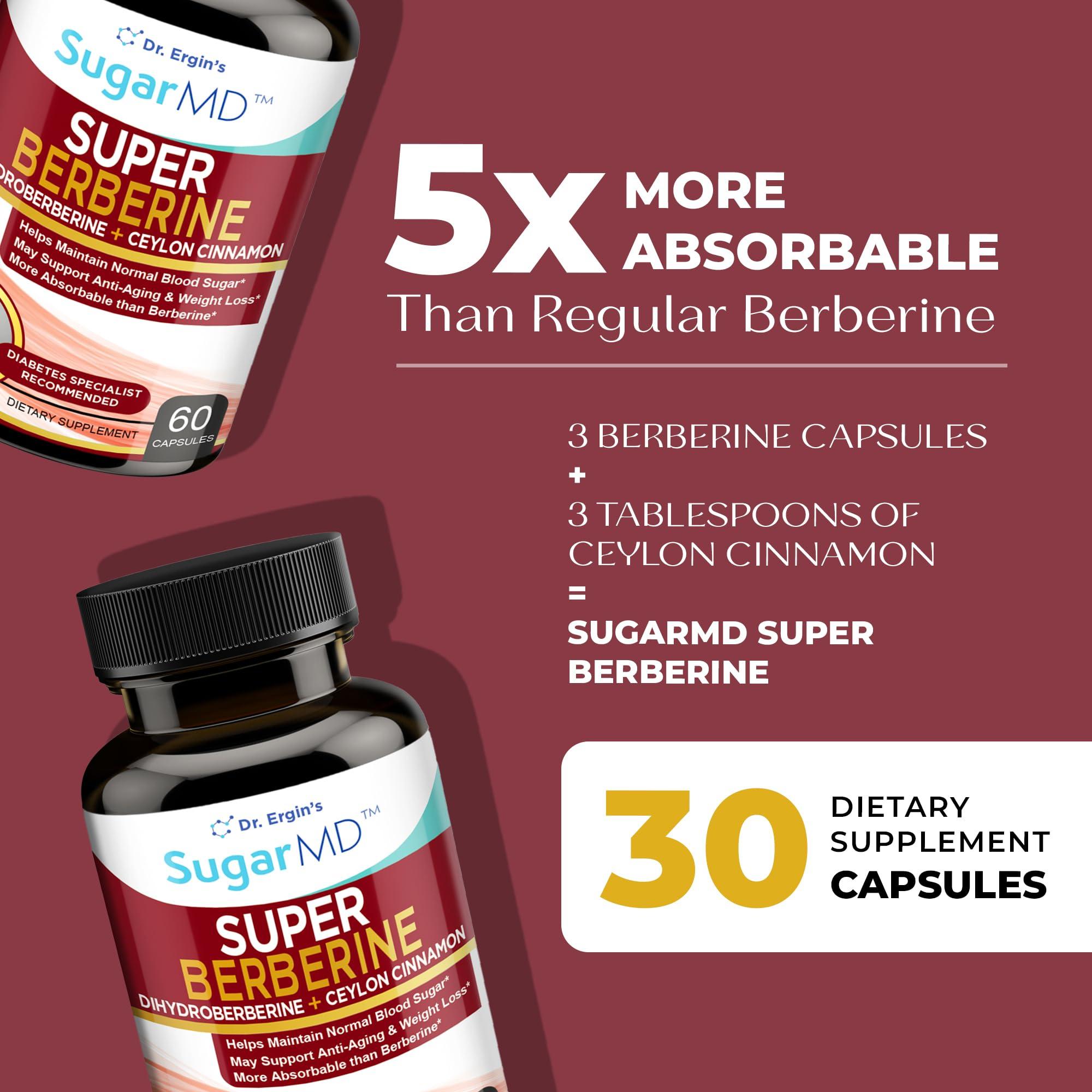 SugarMD SugarMD Super Berberine Supplement 250mg GlucoVantage Dihydroberberine with 4000mg Ceylon Cinnamon - 5X More Absorbable Than Regular Berberine 30 Capsules (30 Day Supply)