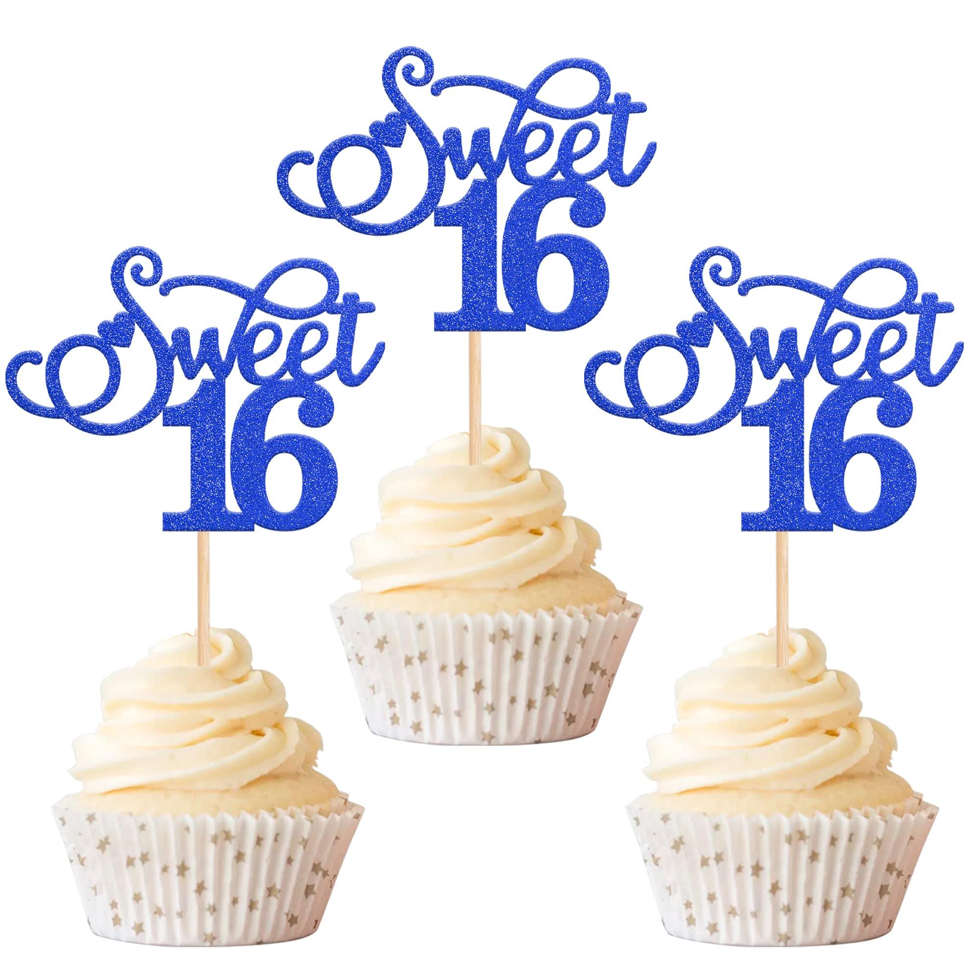 Rsstarxi Rsstarxi 30 Pack Sweet 16 Cupcake Toppers Glitter Love Heart Cheers to 16 Cupcake Picks for 16th Birthday Wedding Anniversary Party Cake Decorations Supplies Deep Blue