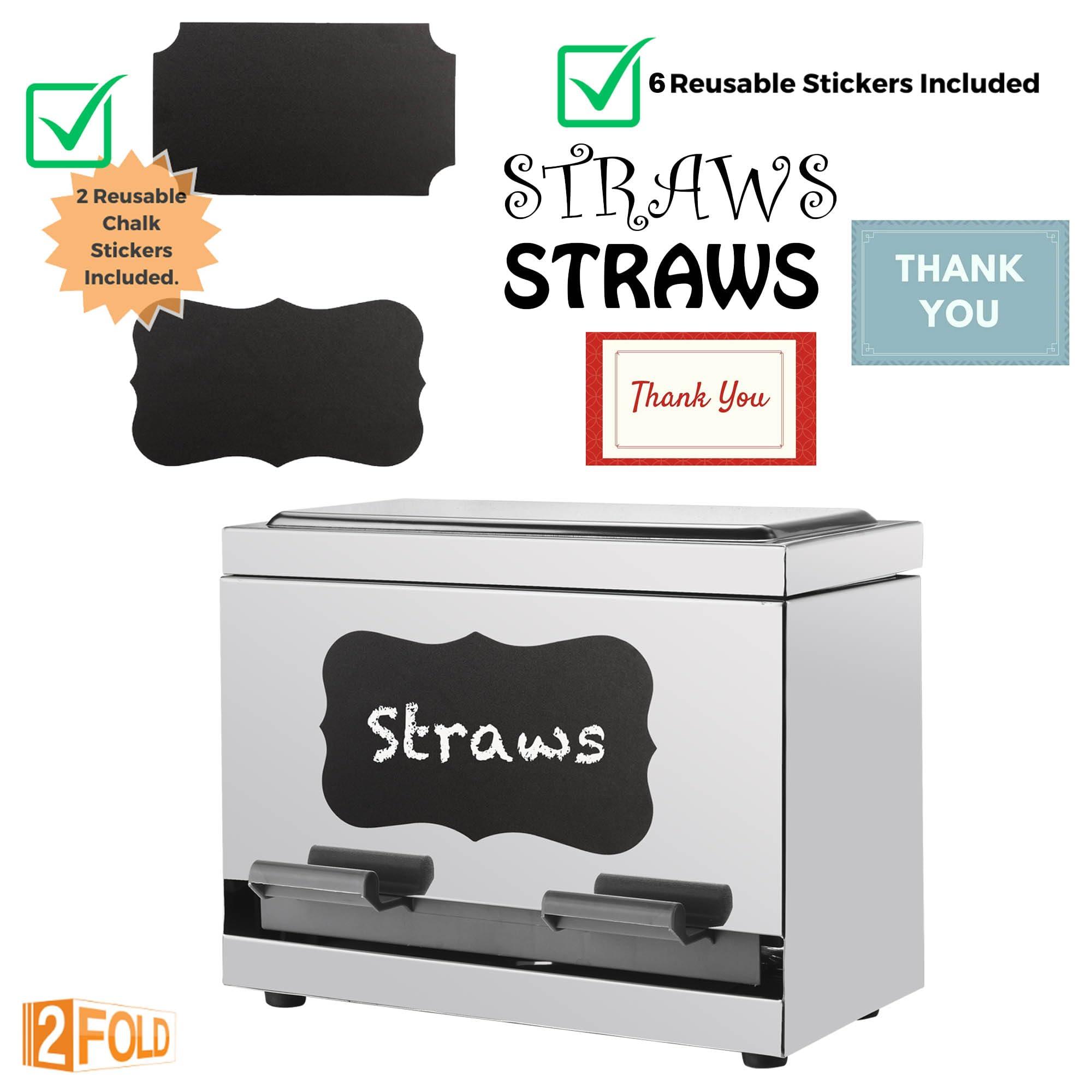 2Fold 2Fold Stainless Steel Straw Dispenser - Drinking Straw Holder For Bulk Unwrapped Paper and Disposable Plastic Straws - Includes Custom Label Stickers (Black)