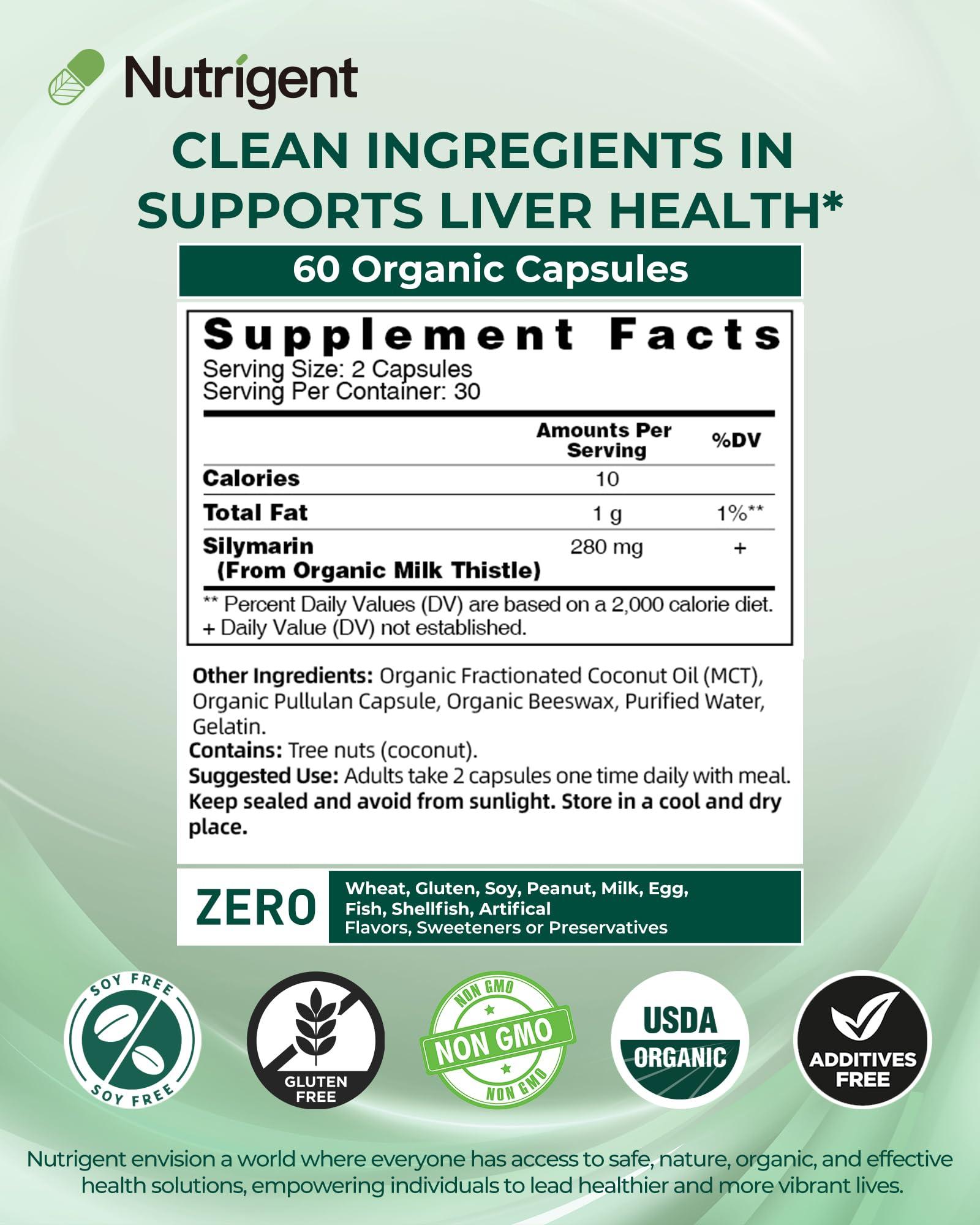 Nutrigent Nutrigent USDA Organic Milk Thistle Supplement 25:1 Extract, 8750 mg Strength, Silymarin Supplement 280 mg, Liquid Organic Capsules, Liver Health & Detox Support, Non-GMO, 60 Count