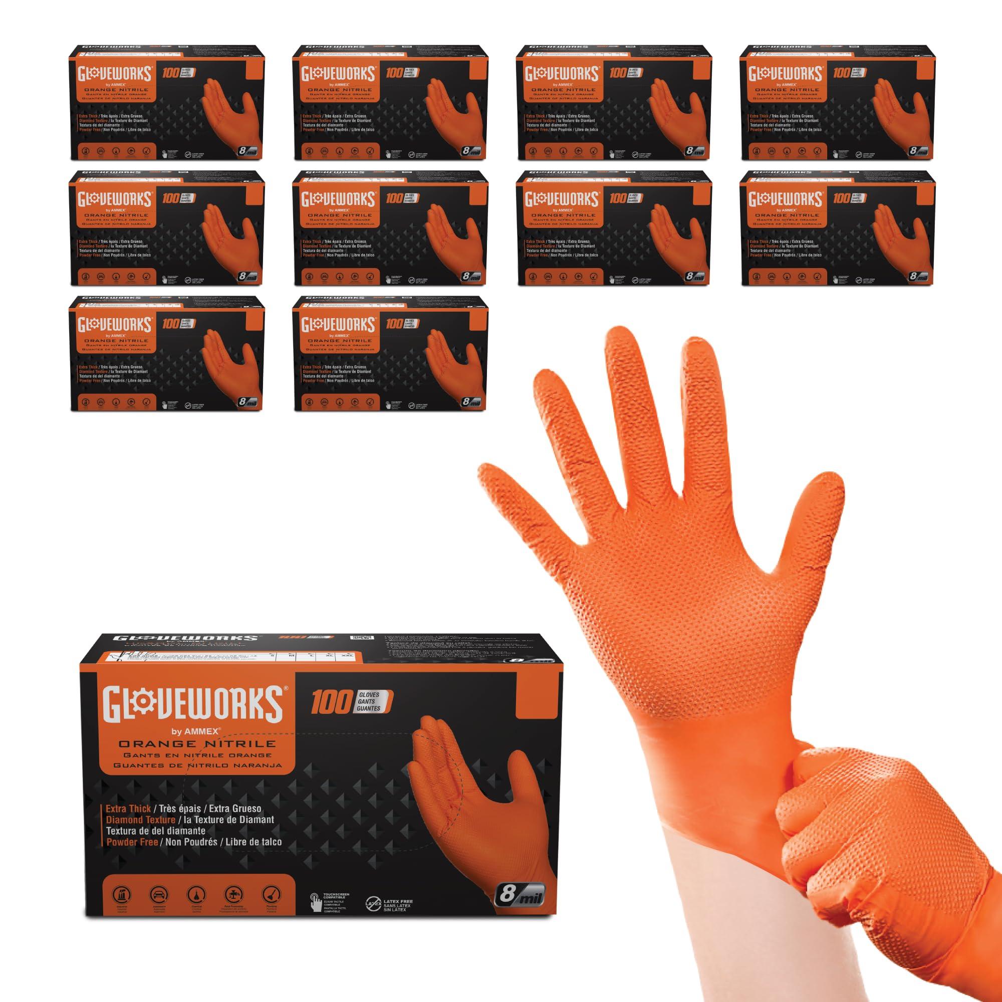 GLOVEWORKS GLOVEWORKS HD Orange Nitrile Industrial Disposable Gloves, 8 Mil, Latex-Free, Raised Diamond Texture, Large, 10 Boxes of 100