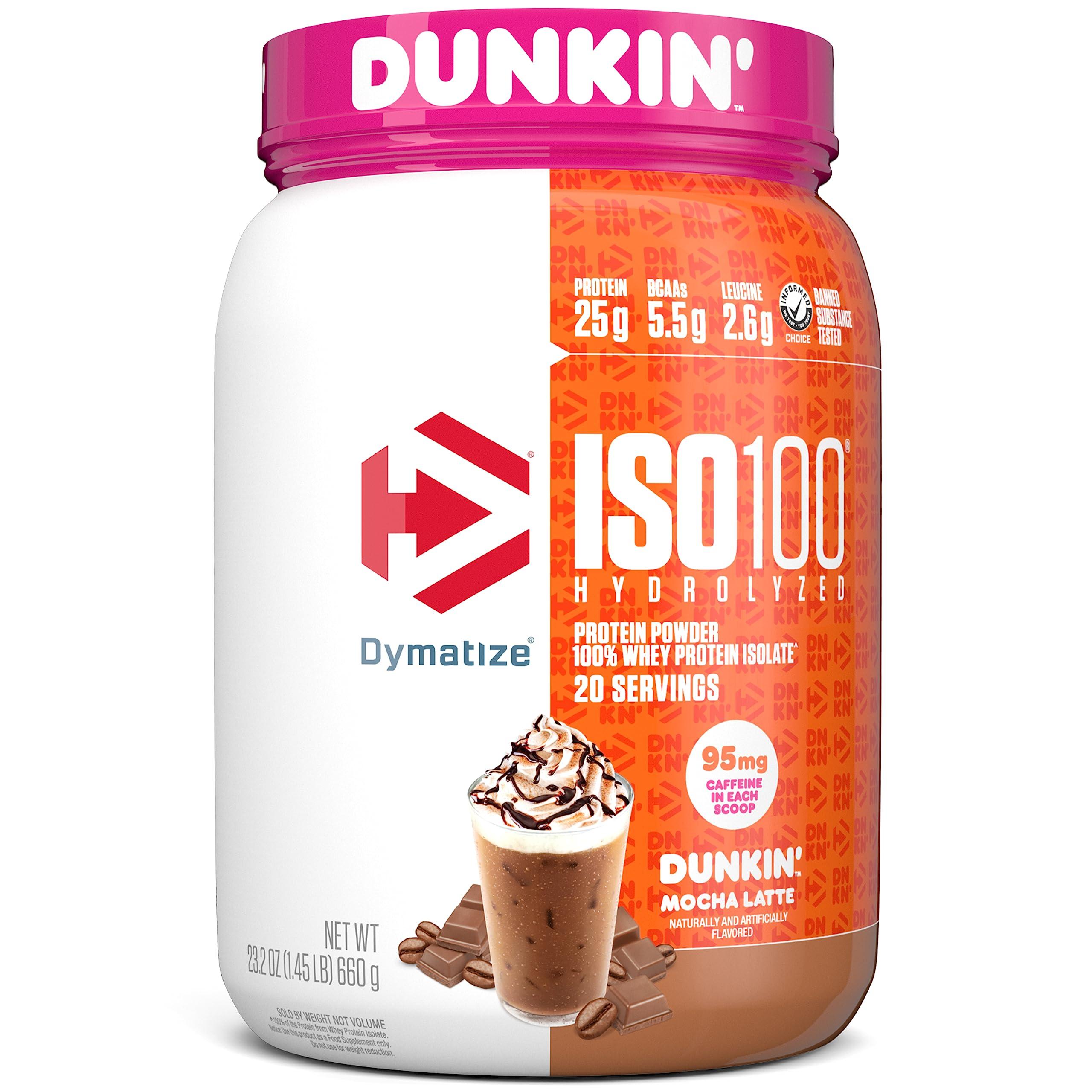 Dymatize Dymatize ISO100 Hydrolyzed Protein Powder, 100% Whey Isolate, Dunkin\' Glazed Donut Flavor, 20 Servings & ISO100 Hydrolyzed Protein Powder in Dunkin\' Mocha Latte Flavor, 100% Whey Isolate Protein