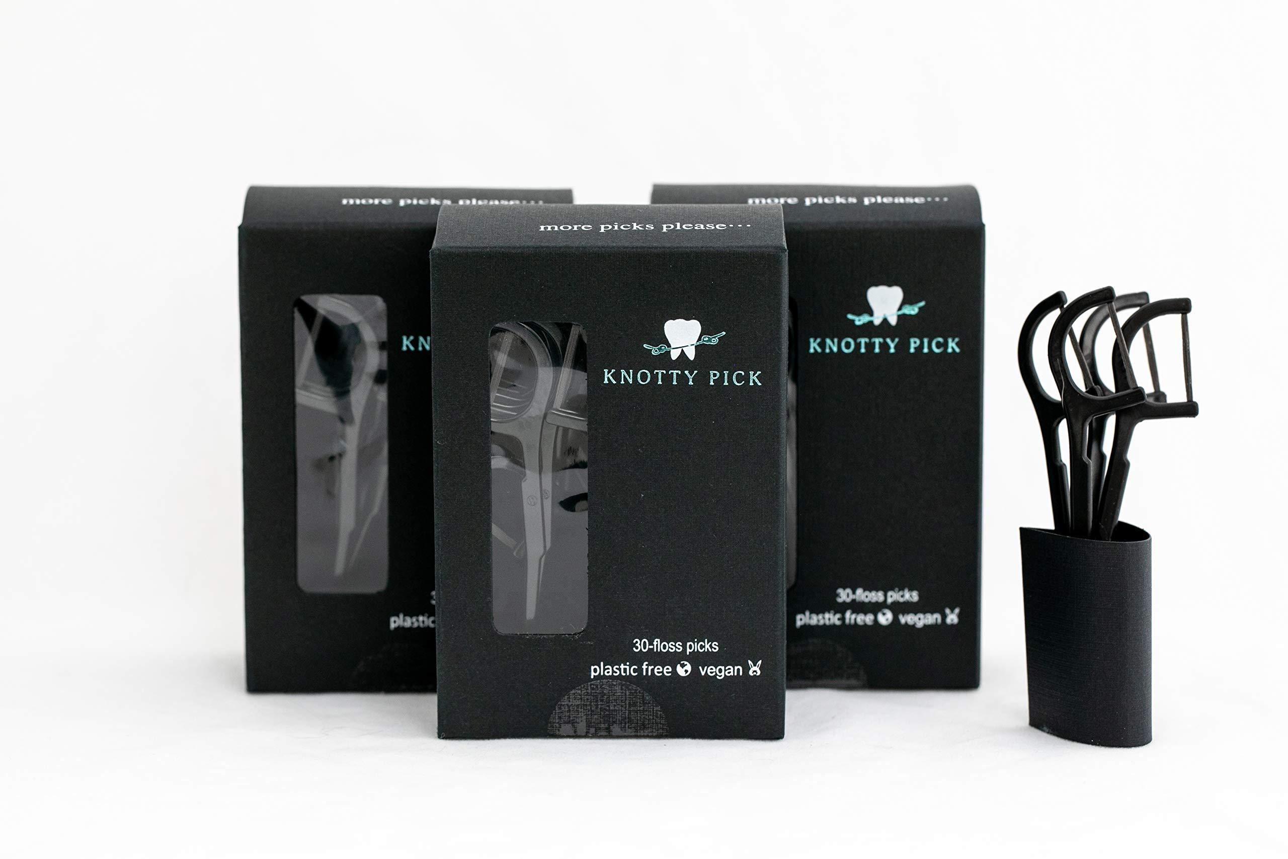 KNOT ORDINARY FLOSS Knotty Floss Bamboo Activated Charcoal with Grapefruit Seed Extract Floss Picks - Eco-friendly, pick is made of natural CORNSTARCH not plastic! Vegan - 3 Pack