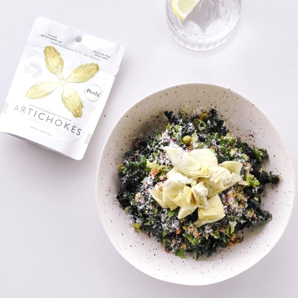 Poshi POSHI Marinated Artichoke Hearts Snack Pack | Basil + Thyme | Keto, Vegan, Paleo, Non GMO, Low Carb + Calorie, Gluten Free, Fully Cooked Vegetables, Gourmet, Healthy, All Natural (10 Pack, 1.58 oz)