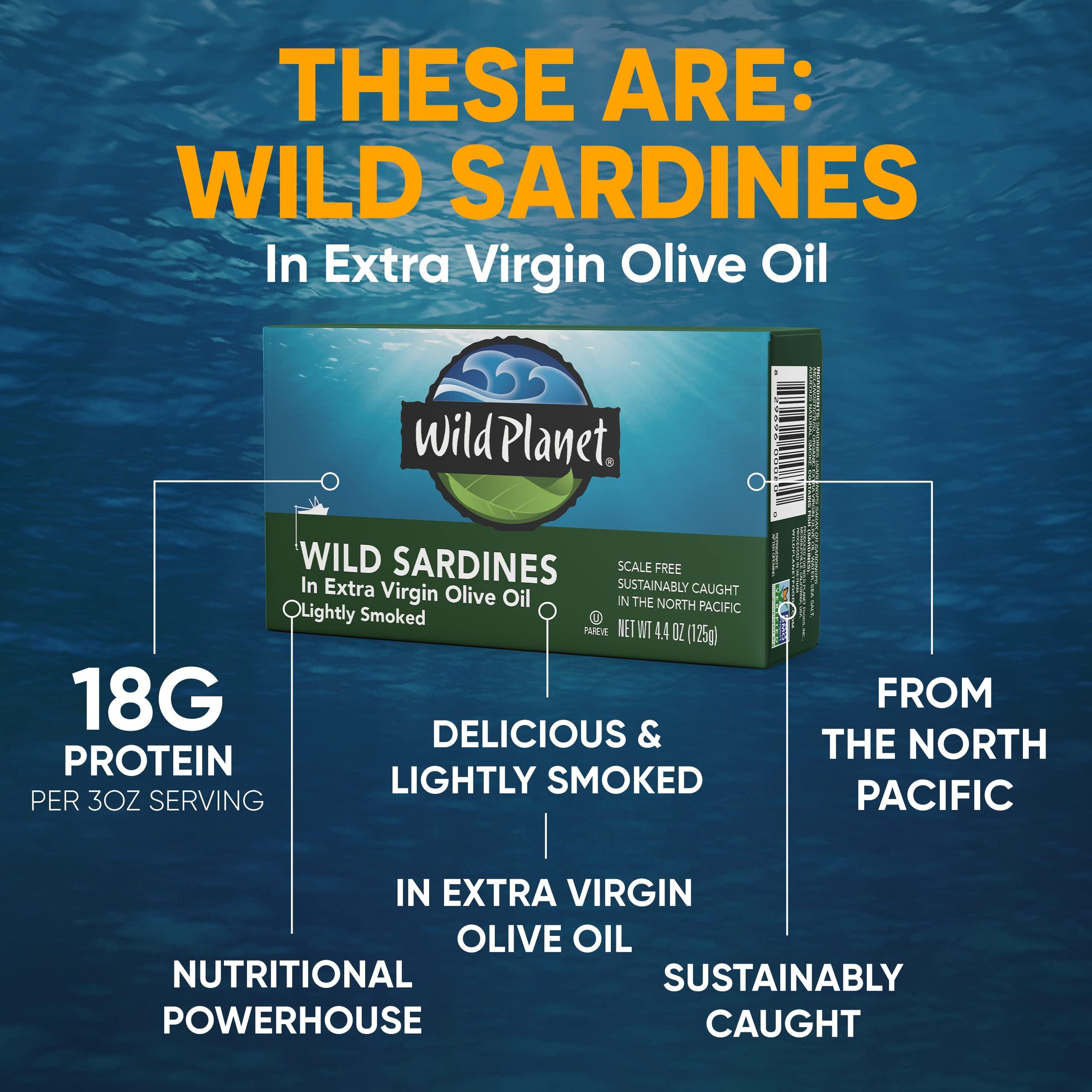 Wild Planet Wild Planet Wild Sardines in Extra Virgin Olive Oil, Lightly Smoked, Tinned Fish, Sustainably Caught, Non-GMO, Kosher, Gluten Free, 4.4. Ounce (Pack of 12)