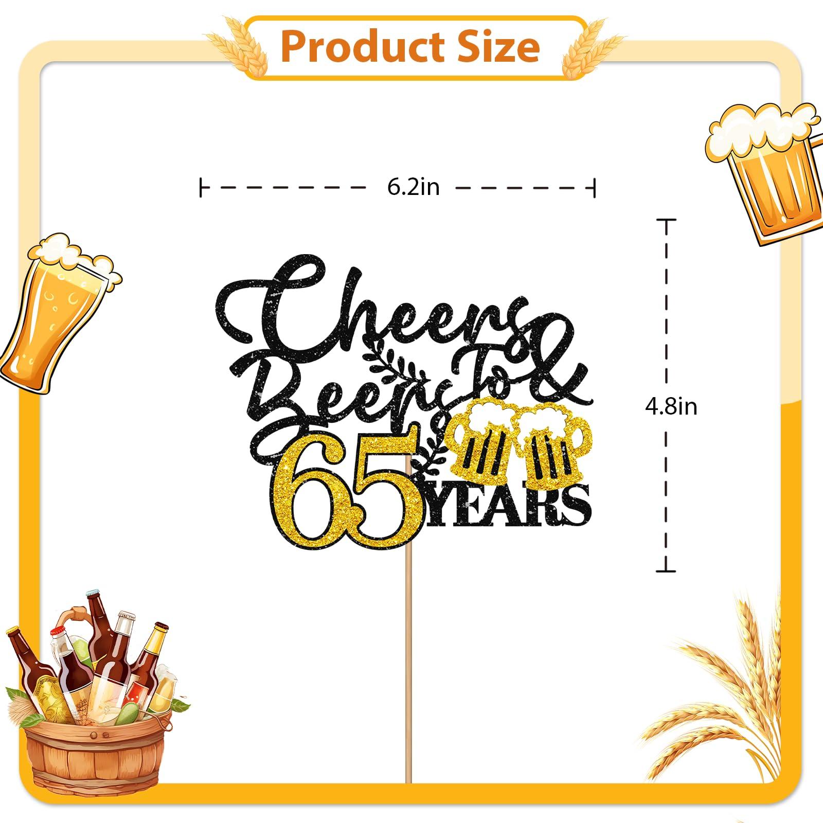MAONICA Cheers & Beers to 65 Years Cake Topper, Gold&Black Glitter Happy 65th Birthday Cake Topper for Men, Beer Sign Cheers To 65 Years Cake Decor, Happy 65th Anniversary Party Decoration
