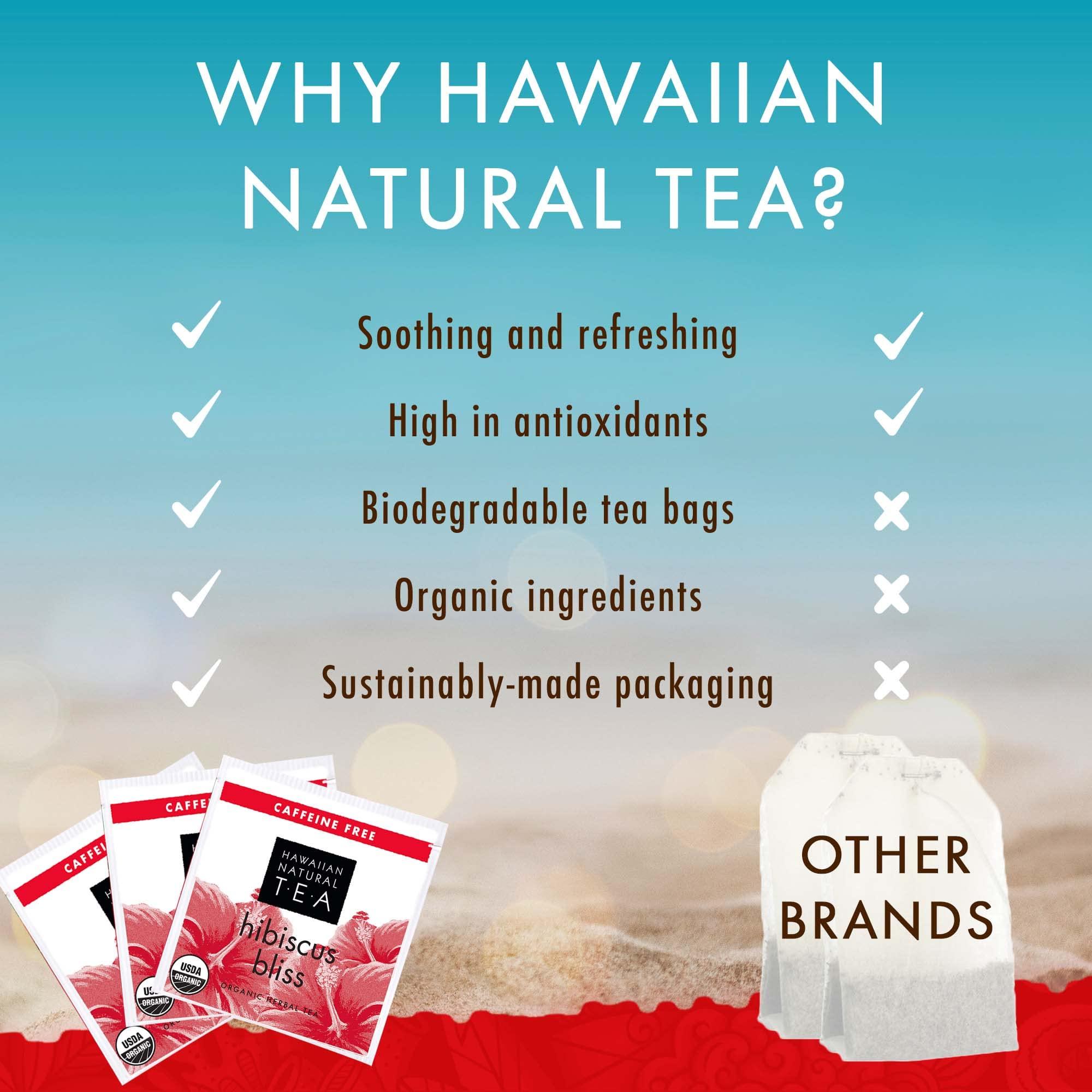 HAWAIIAN NATURAL T·E·A Hawaiian Natural Tea - Organic Hibiscus Bliss Herbal Tea, Caffeine-Free Hibiscus Tea, All-Natural and Antioxidant-Rich Wellness Tea, Vegan and Keto-Friendly, 60 Tea Bags