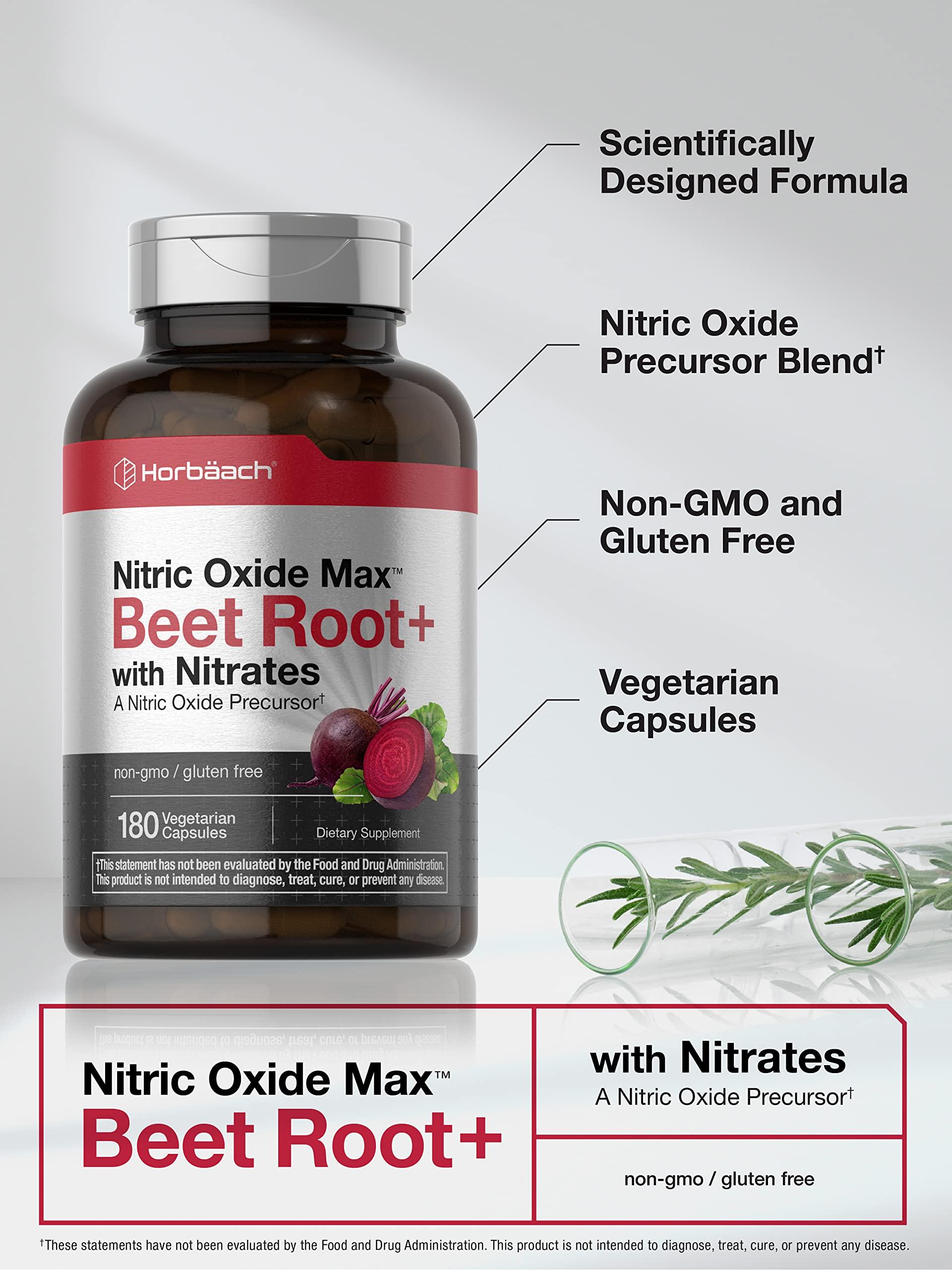 Horbach Horbach Nitric Oxide Beet Root Capsules | 180 Count | with Nitrates and Precursor | for Men and Women | Vegetarian, Non-GMO, Gluten Free Supplement