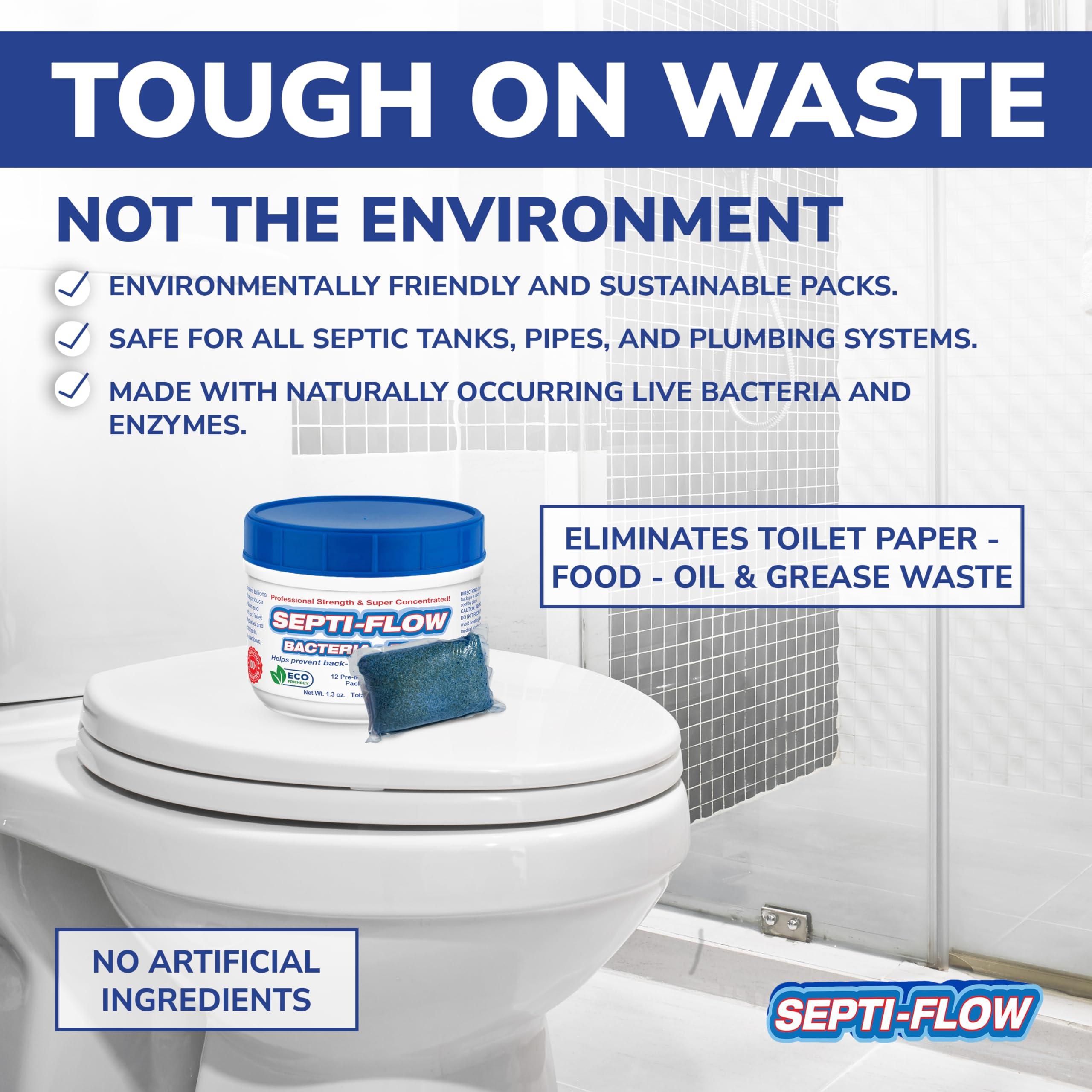 Septi-Flow Septic Tank Treatment | Septic Enzyme Pods | 1 Year Supply | 2+ Billions CFUs per Pod | Fast-Dissolving, Live Bacteria-Plus Enzymes | Prevents Backups & Odors | Made in USA by Septi-Flow | 12 Packets