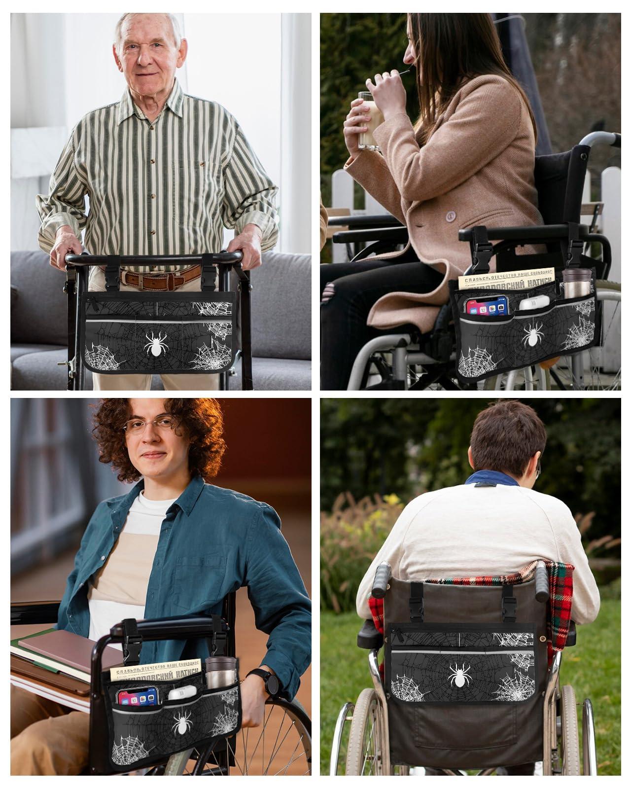 Sabolny Halloween,Wheelchair Side Bag, Wheelchair Walker Armrest Bags with Cup Holder & Reflective Stripes, Mobility Scooter Walker Rollator Wheelchair Accessories Black Grey Horror Watercolor