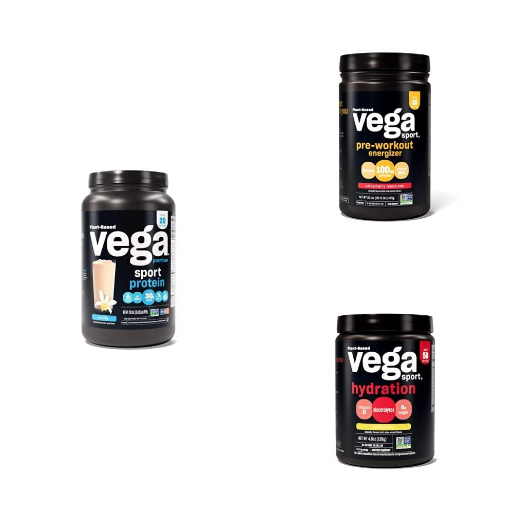 Vega Vega Sport Routine Bundle - Premium Vanilla Protein Powder (20 Servings) Strawberry Lemonade Preworkout Energizer (25 Servings) and Lemonade Electrolyte Hydration (50 Servings)