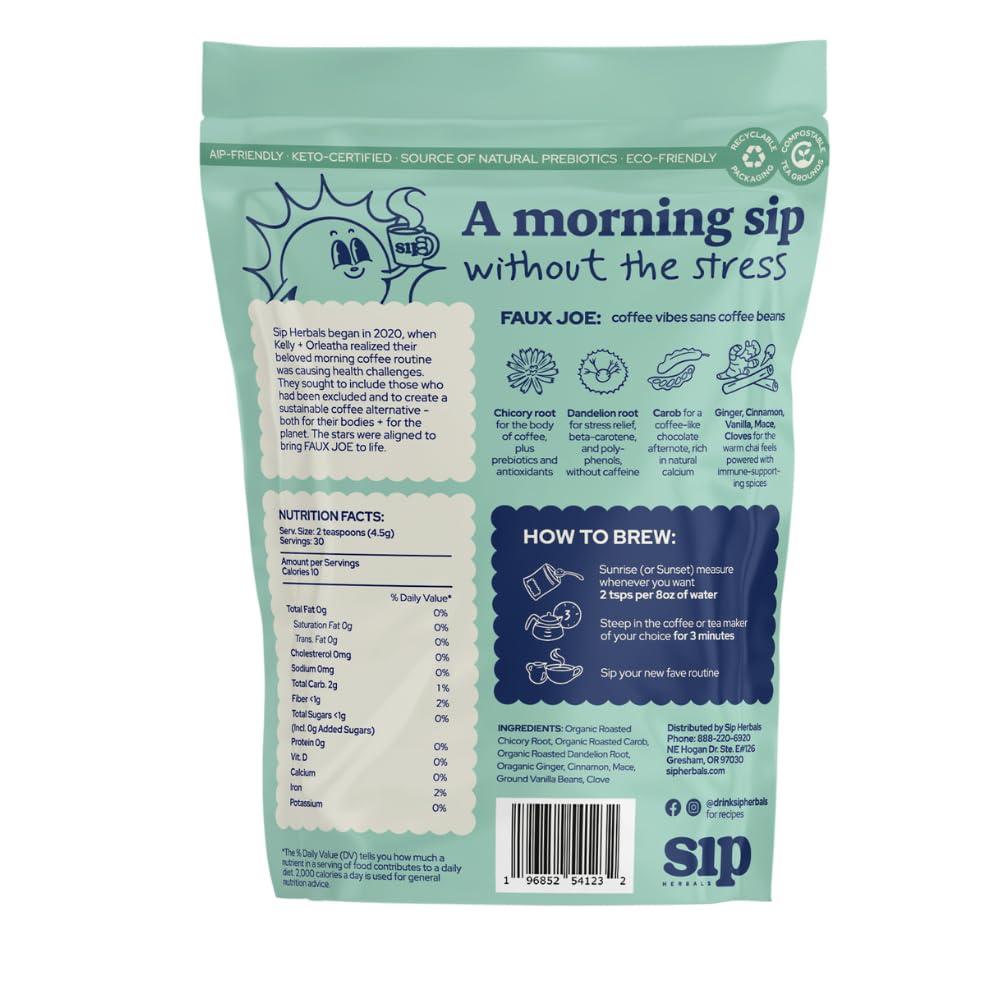 Sip Herbals Sip Herbal Coffee Alternative Herbal Tea - Boost Energy & Focus - Caffeine Free Organic Coffee Substitute Made with Carob, Dandelion, Chicory - Dirty Chai Roast (30 Servings) - Loose Leafs