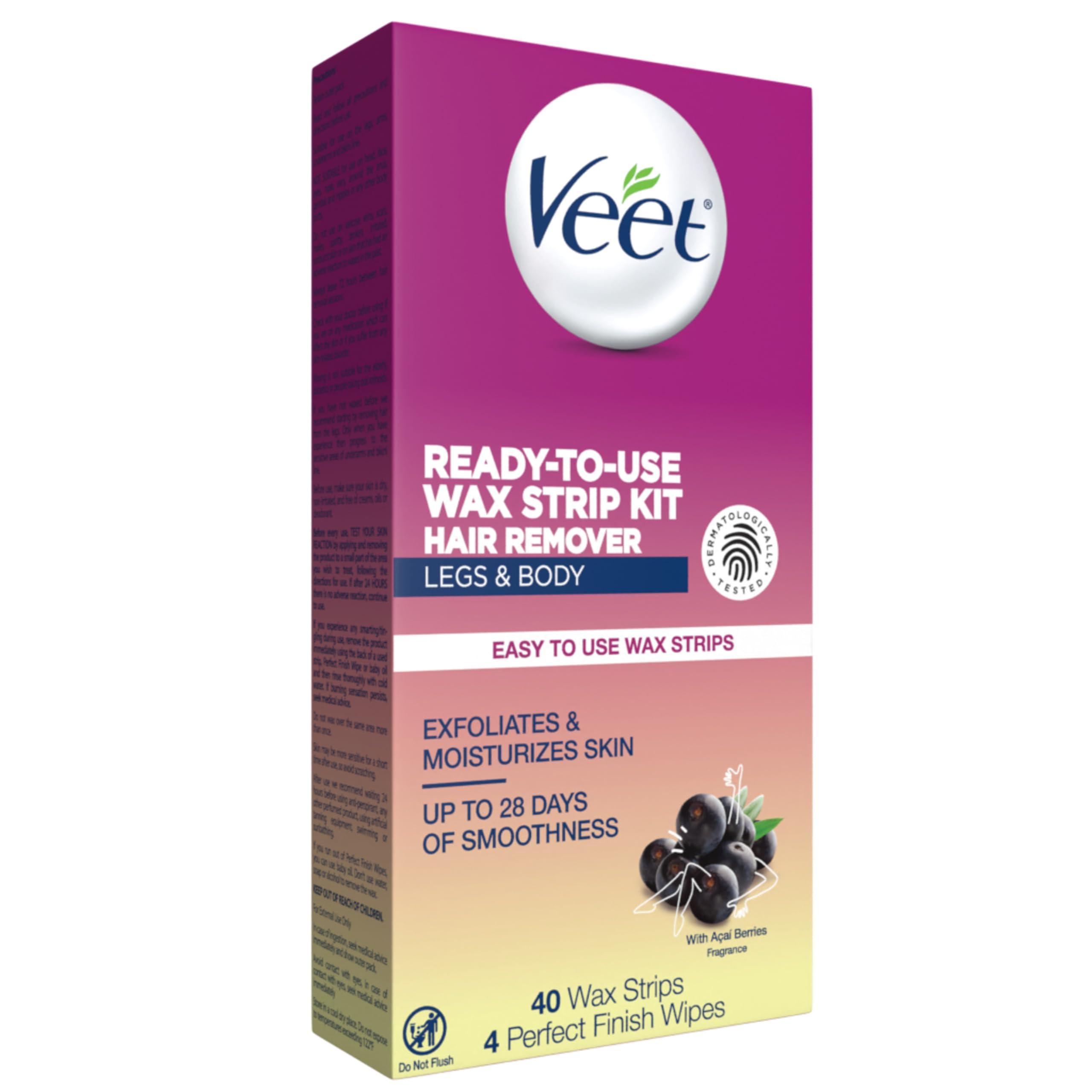 Veet Veet Ready-To-Use Waxing Kit For Women | Wax Strips For Body Hair Removal, Wax Kit For Ingrown Hair Treatment, Personal Care Product, Hair Remover | 40ct Waxing Strips, 4ct Body Wipes
