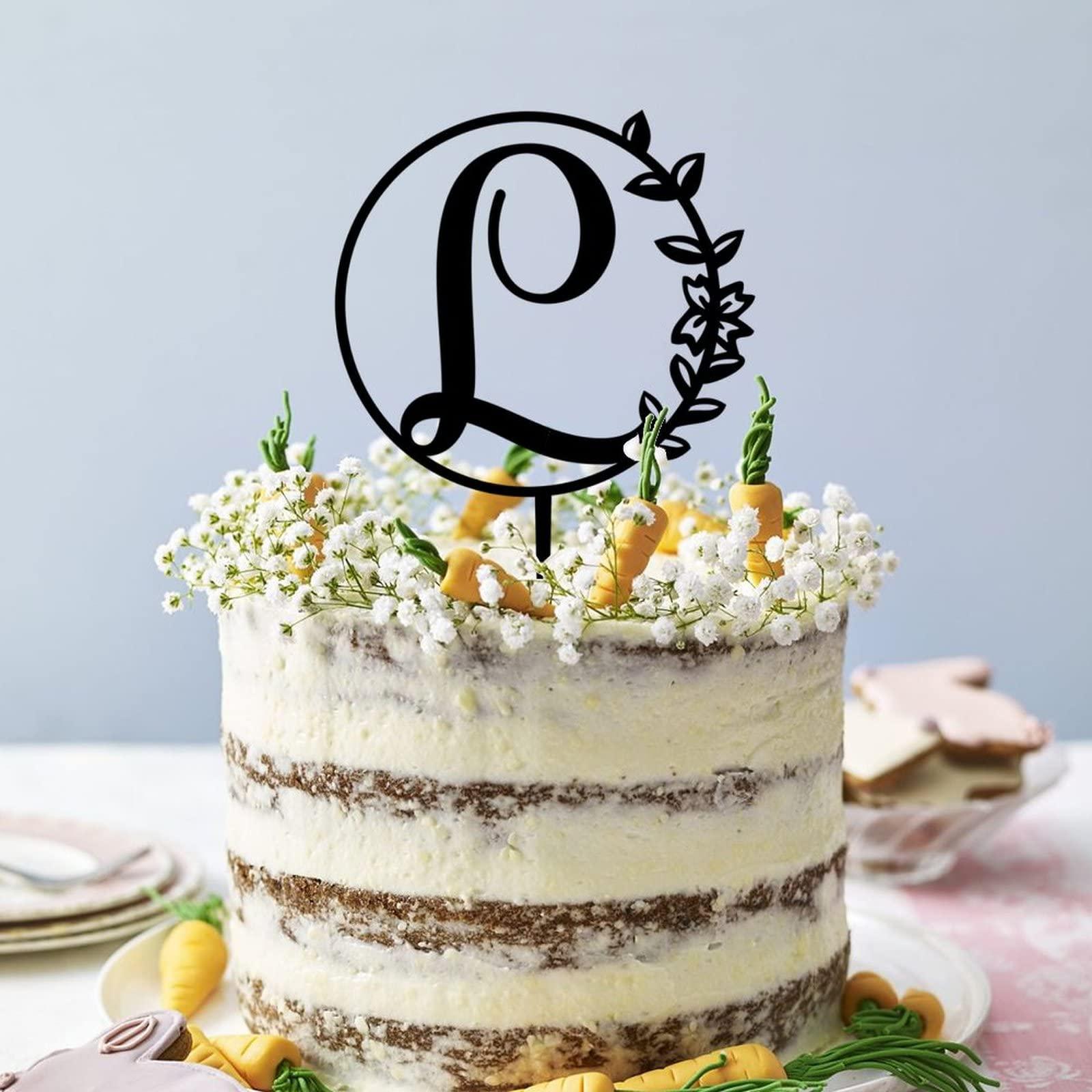 buythrow Custom Initial Cake Topper,Black Wedding Cake Toppers Initials L,Initials Monogram Cake Topper,Botanical Topper,Wedding Engagement Birthday Cake Decorations