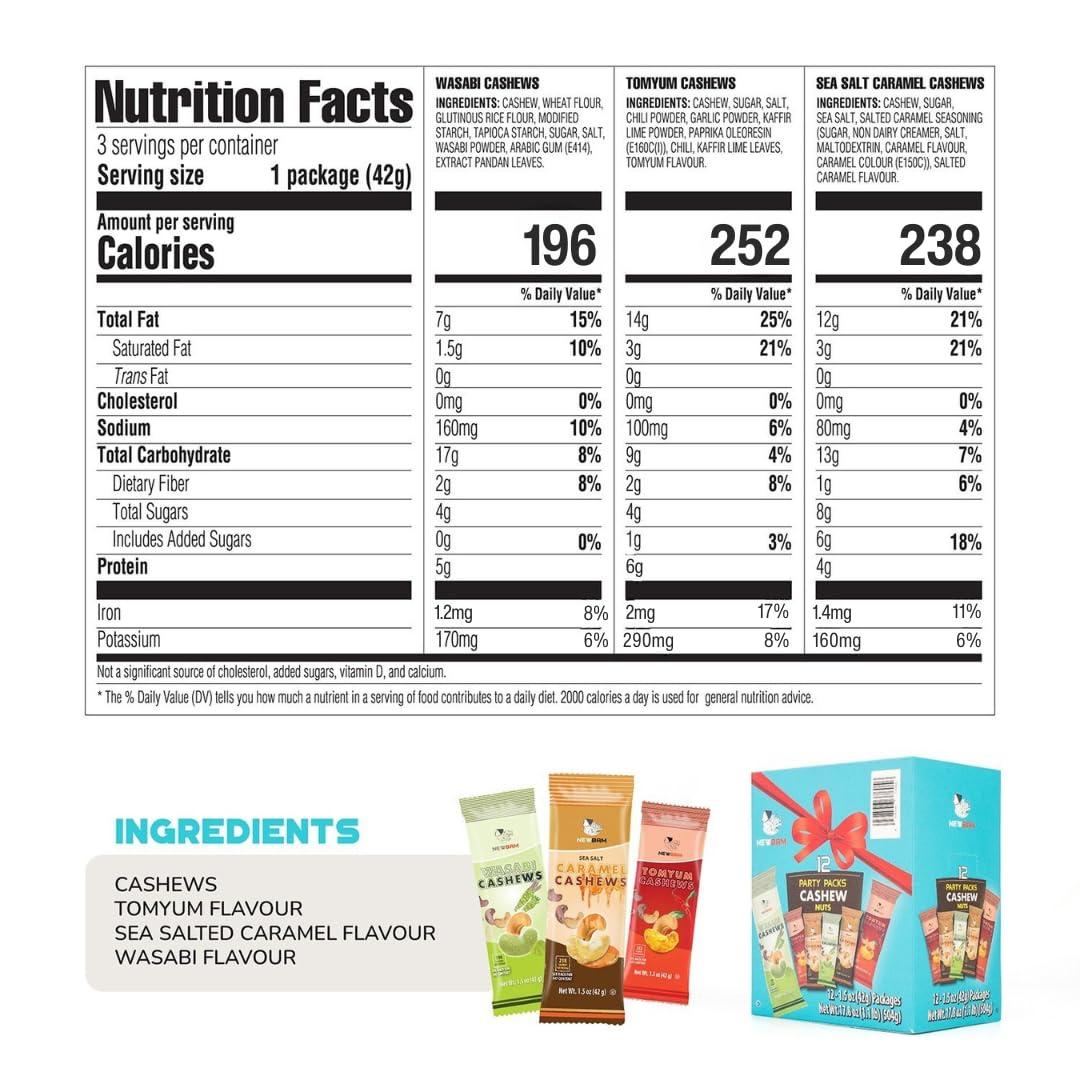 NEWBAM NEWBAM Mix Cashews Variety Packs (Wasabi, Tom Yum, Sea Salt Caramel) - 12 Cashew Snack Packs Roasted Nuts (1.5oz Each) Keto, Vegan, Gluten-Free - Healthy Snacks for Trail Mix, Office, or Party