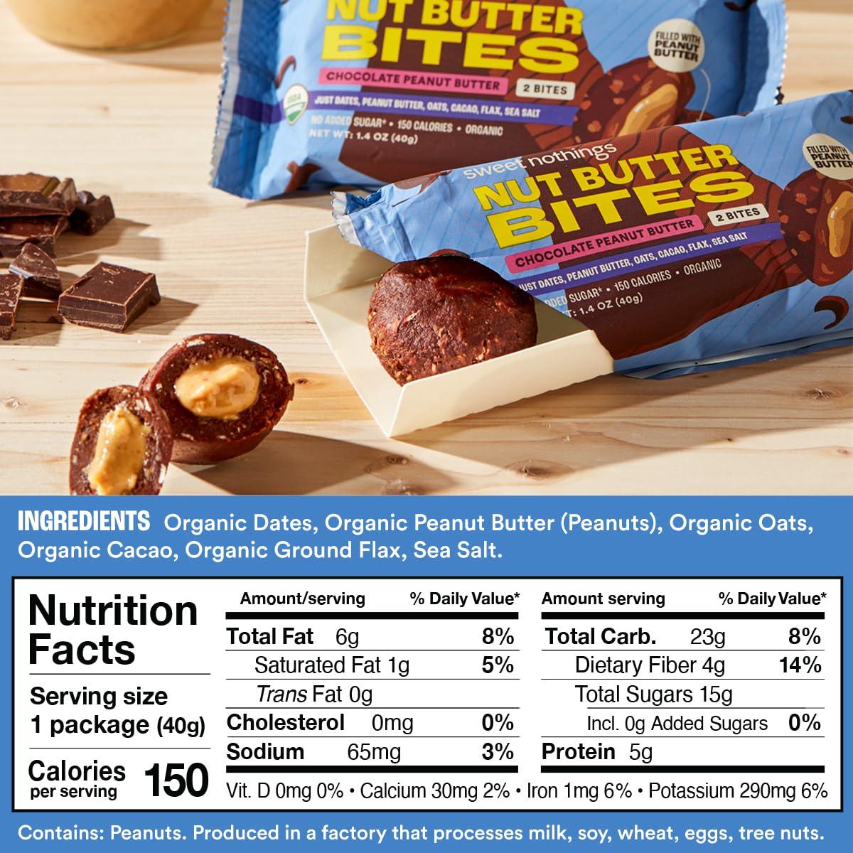 Sweet Nothings Sweet Nothings, Chocolate, USDA Organic Nut Butter Bites Protein Bar, Nut & Date Snack, Filled with Peanut Butter, 12-2 Bite Value Packs - No Added Sugar, Plant Based, Vegan, Only 7 Ingredients