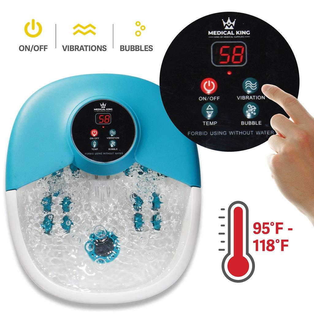 Medical king Foot Spa Massager with Heat, 14 Rollers in Foot Shape - 5 in 1 Foot Bath Massager Includes Adjustable Heating, Bubbles, Vibration, Pumice Stone, Mini Massage Points - for Tired Feet, & Stress Relief