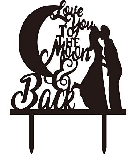 77 ponies Wedding Cake Topper- Bride and Groom & Oath I Iove You to the Moon and Back Wedding Anniverary Cake Topper(Black)