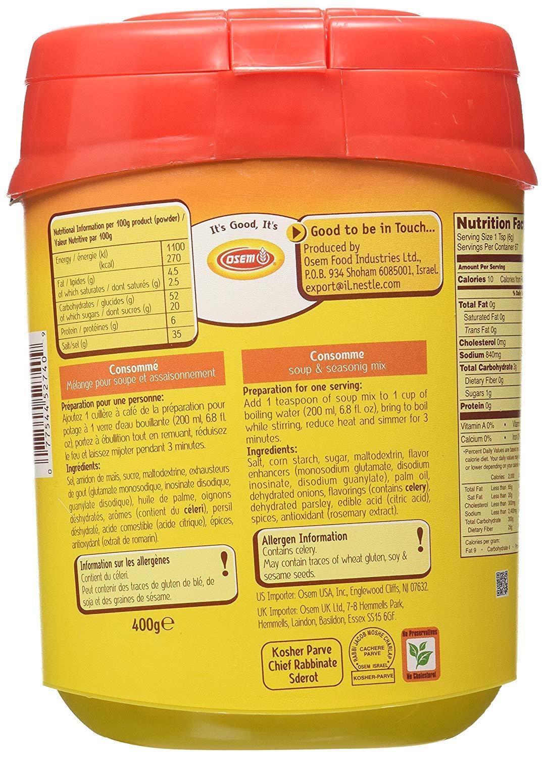 Osem Osem Chicken Flavored Consomme Powder Soup & Seasoning Mix - Instant Broth Base, Perfect for Soups, Sauces, Stews, Rice, and More - Rich Savory Flavor Enhancer for Cooking - 14.1 oz (Pack of 2)