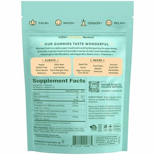 Plant People Plant People WonderCalm Mushroom Gummies - Natural Ashwagandha Supplement to Ease Stress & Boost Mood for Adults without Sugar, Gluten or Artificial Colors, Vegan-Friendly, Peach Flavor, 60 Count