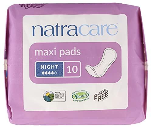NATRACARE Natracare Natural Traditional Style Night Time Maxi Pads, Individually Wrapped, Without Wings in Plant-Based Bag (1 Pack, 10 Pads Total)