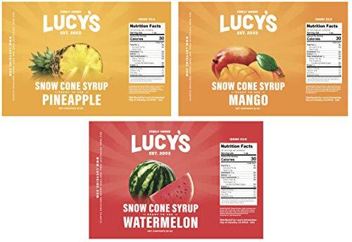 Lucy's Lucy's Family Owned Shaved Ice Snow Cone Syrups - Watermelon, Pineapple, Mango - 32oz Syrup Bottles (Pack of 3) (Tropical Pack)