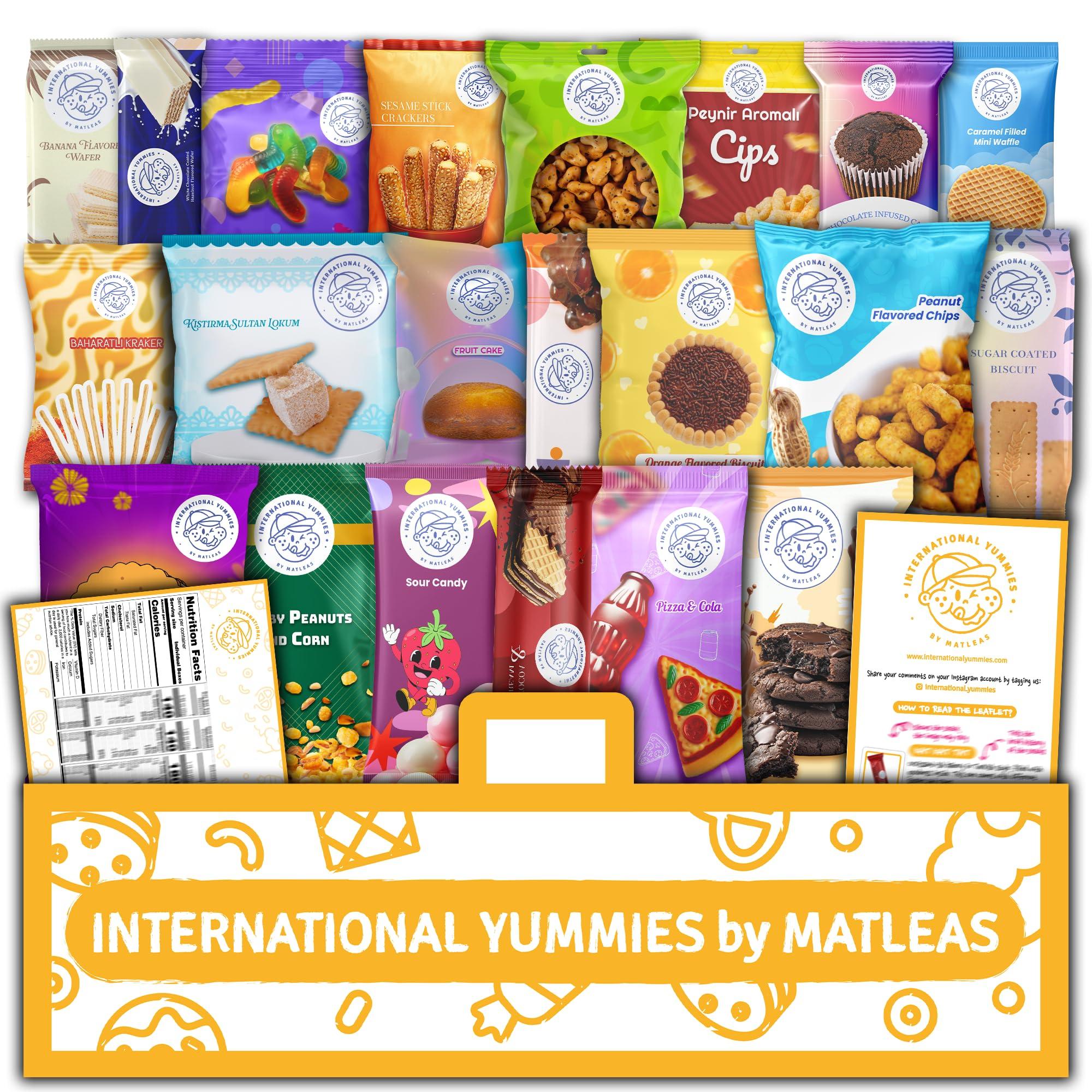 International Yummies by Matleas Maxi International Snack Box | Premium Exotic Foreign Snacks | Unique Snack Food Gifts Included | Saffran Yellow Theme | Candies from Around the World | 20 Full-Size + 1 Bonus Snacks