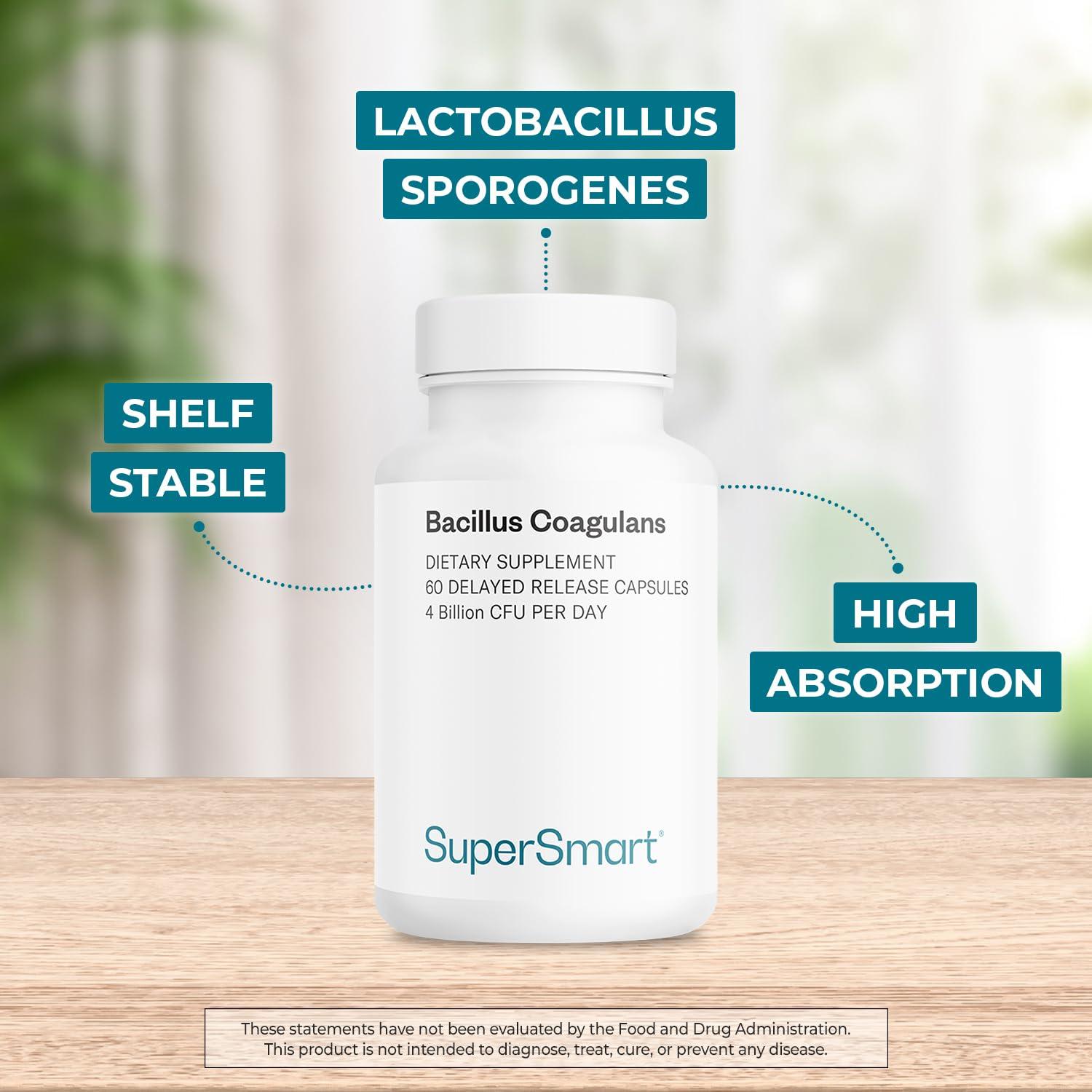 Supersmart Supersmart - Bacillus Coagulans Probiotic 4 Billion CFU per Day (High Absorption) - Lactobacillus Sporogenes Supplement | Non-GMO & Gluten Free - 60 Delayed Released Capsules