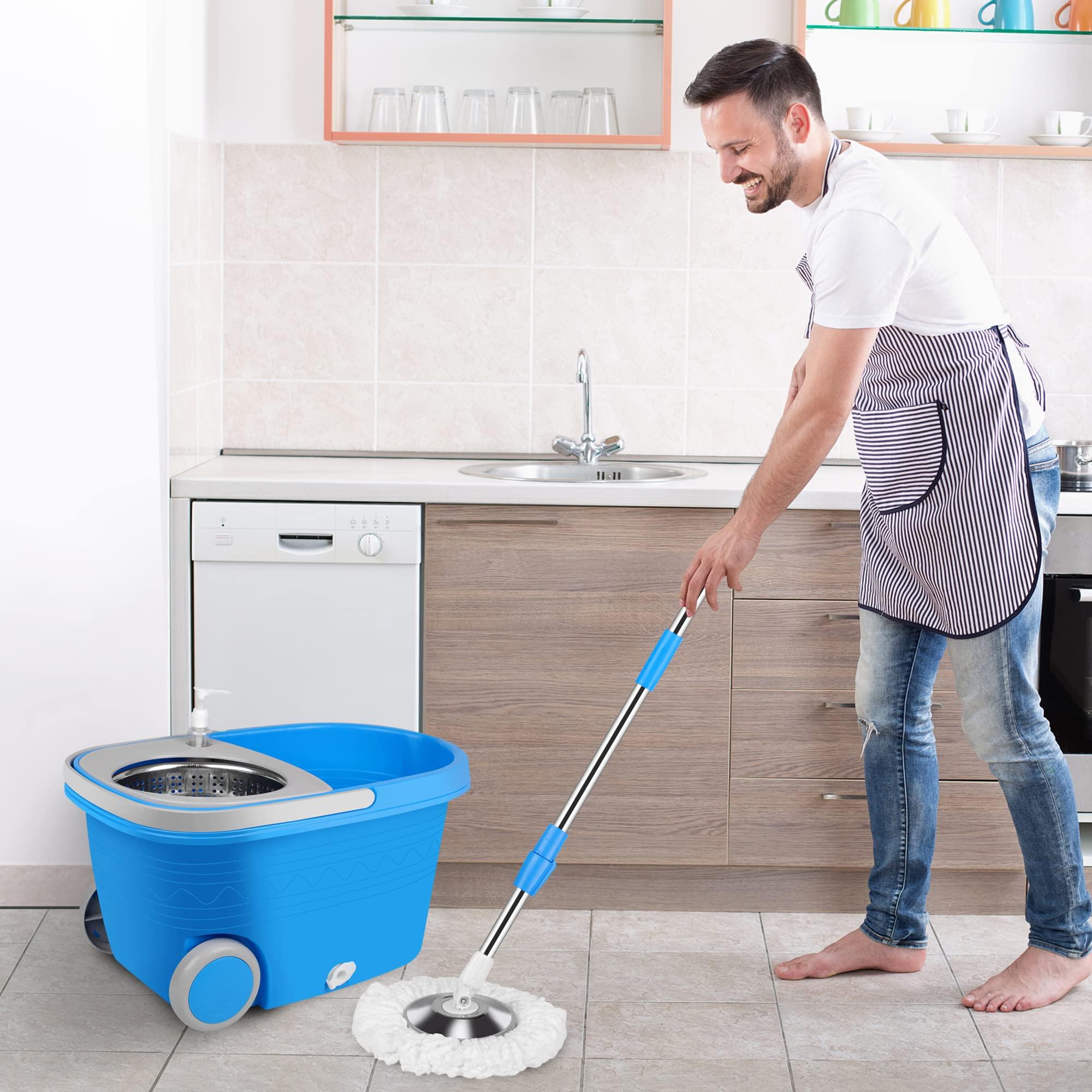 PULNDA Mop and Bucket with Wringer Set, Mop and Bucket on Wheels Floor Cleaning System with Spin Mop Head 61 Inch Refills Extended Stainless Steel Handle for Home Office Household Cleaning