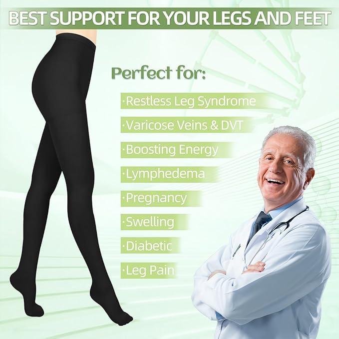 Wegitcs Compression Pantyhose for Women & Men 2 Pairs Closed Toe 15-20mmHg Medical Graduated Compression Stockings Waist High Support Tights Opaque Leggings for Varicose Veins Edema Flight,Black XL