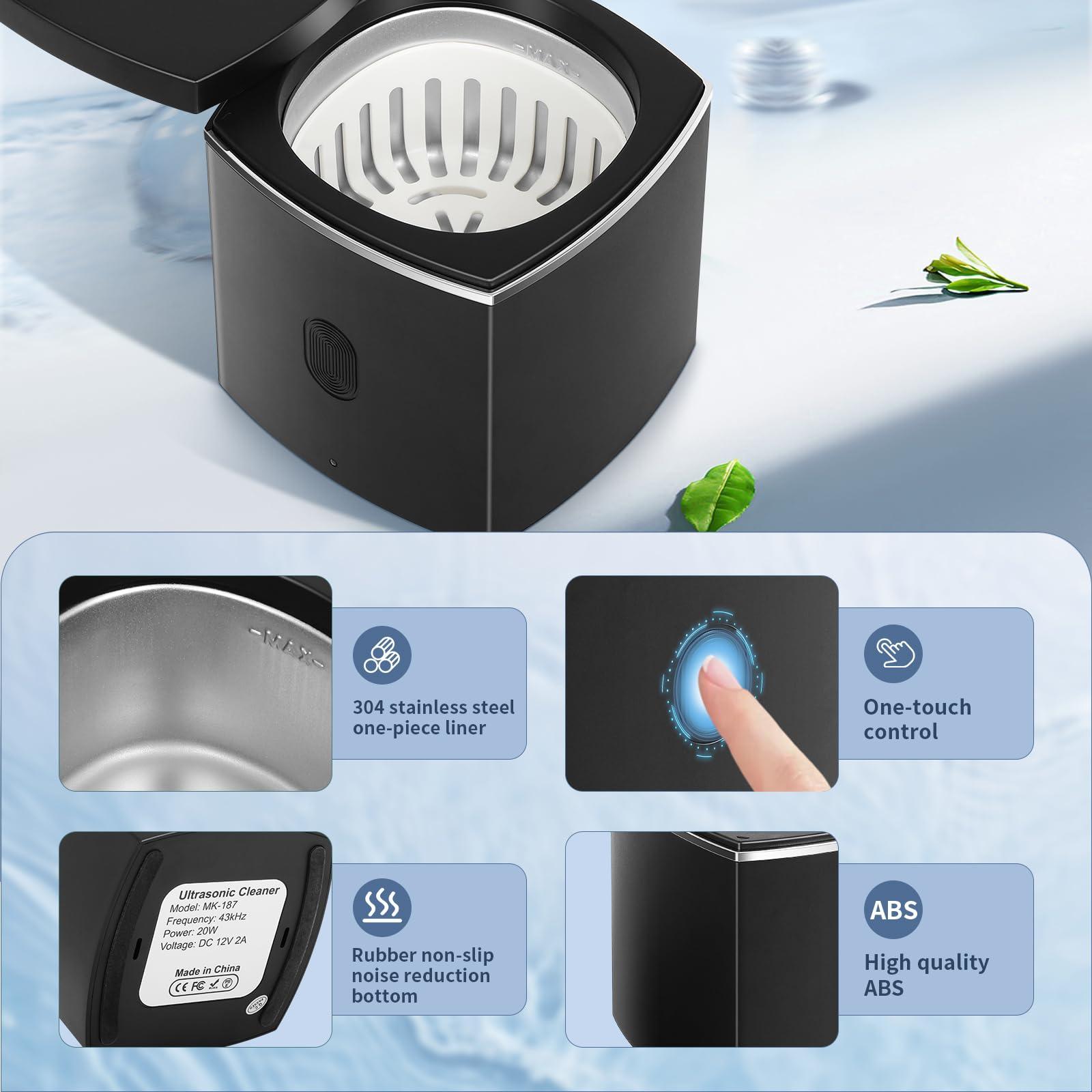 FAHKNS Ultrasonic Dental Cleaner;UltraSonic Retainer Cleaner Machine for Denture,Aligner,Earring,whitening tray,200ml Portable Mouth Guard Cleaner,Invisalign cleaner,Professional Sonic Jewelry cleaner black