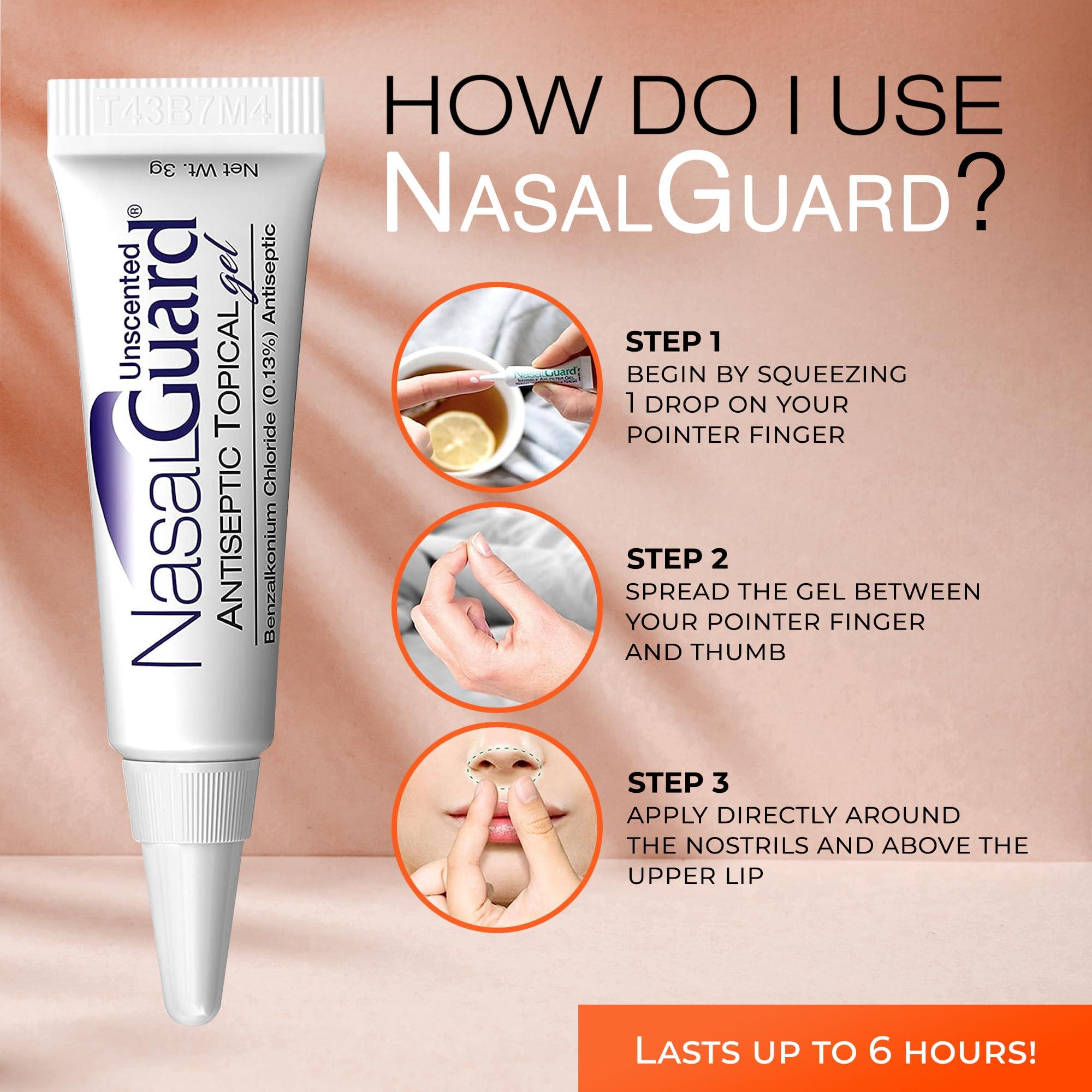 NasalGuard NasalGuard Antiseptic Topical Gel - Kills 99.9% of Germs - Patented Positive Ion Technology, Non-irritating, Safe for Daily use - Over 150 Applications Per Tube, (3 Grams) Unscented