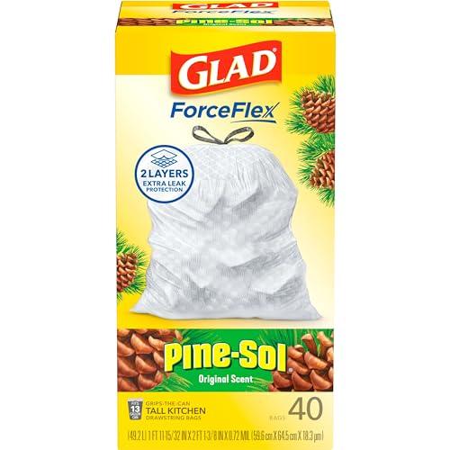 Glad Glad ForceFlex Tall Kitchen Drawstring Trash Bags, 13 Gal, Pine-Sol, 40 Ct (Package May Vary)