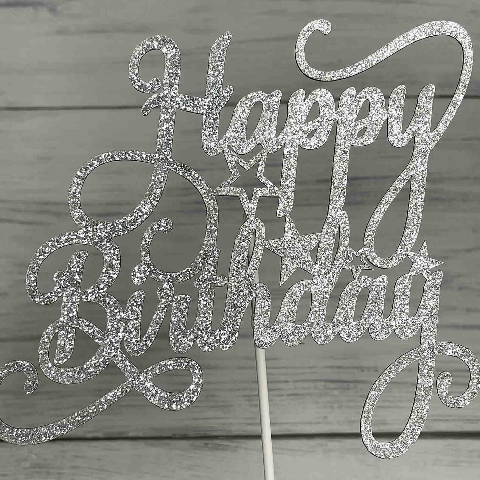 JIEEIN Happy Birthday Cake Topper for Birthday Party Decorations,(Double Sided Silver Glitter)