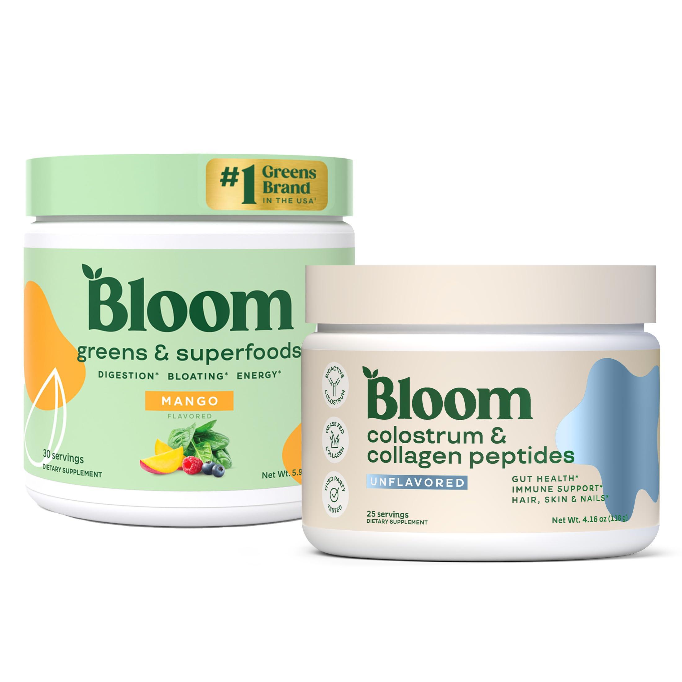 Bloom Nutrition Bloom Nutrition Superfood Greens Powder, Digestive Enzymes with Probiotics and Prebiotics, Gut Health, Bloating Relief, Mango + Bovine Colostrum Powder | Pure 40% IgG Premium Colostrum